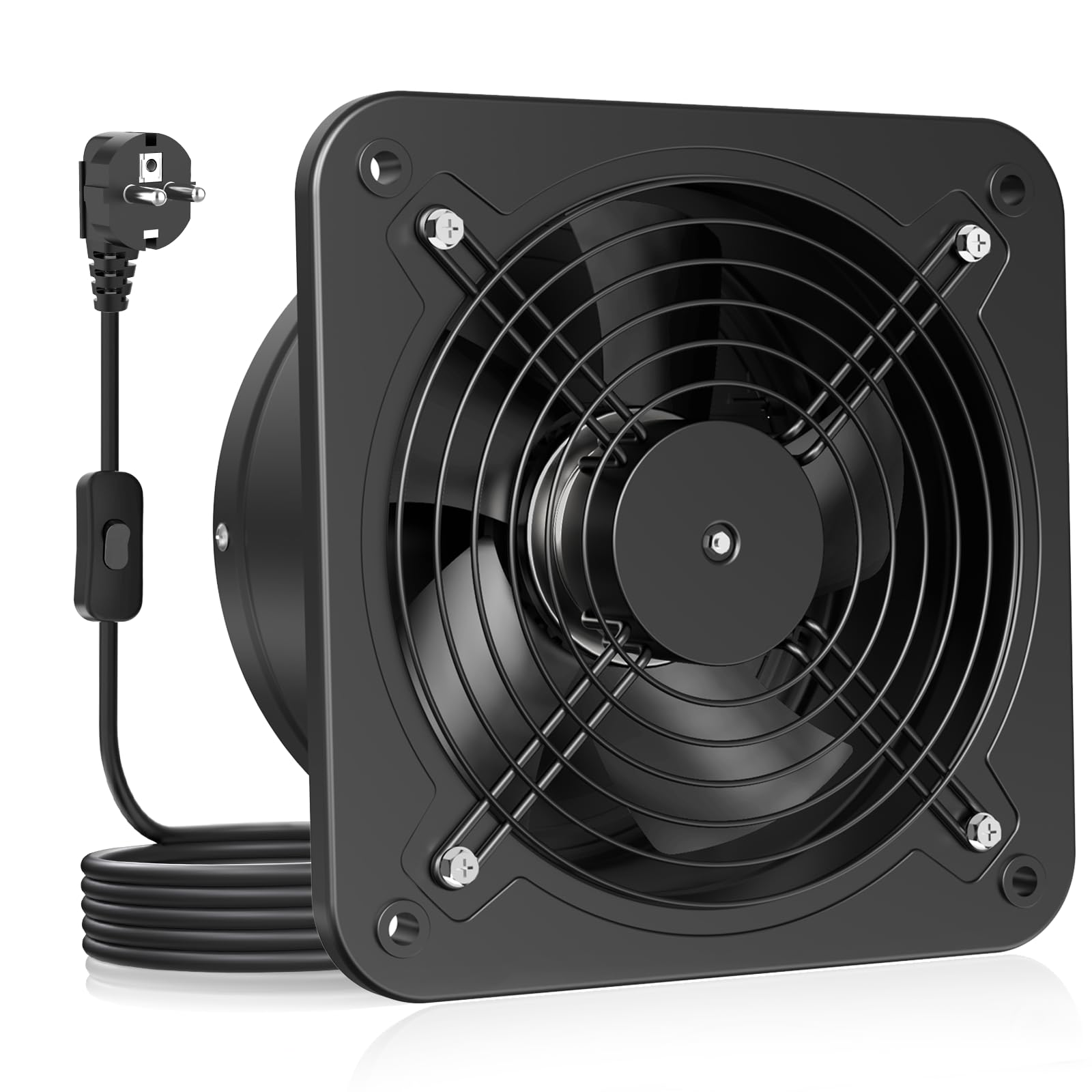 HG Power Abluftventilator 200mm - Badlüfter Leiser mit Rücklaufklappe, Geschwindigkeitsregler, Stecker, Industrieller Wandventilator für Küche Badezimmer Garage Untergeschoss, B-Schwarz