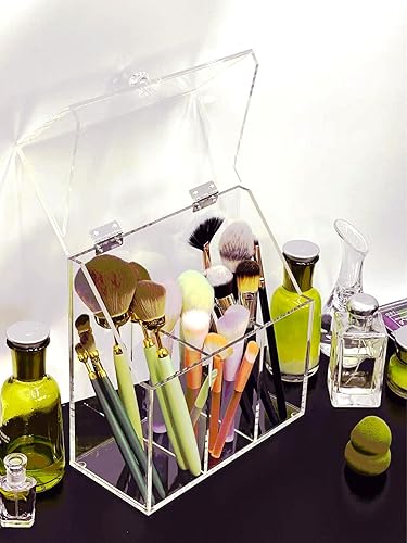 Miniatura 8 de VASERDDY Organizador de maquillaje acrílico, caja de almacenamiento de brochas cosméticas transparente con 3 soportes para cepillos, soporte para