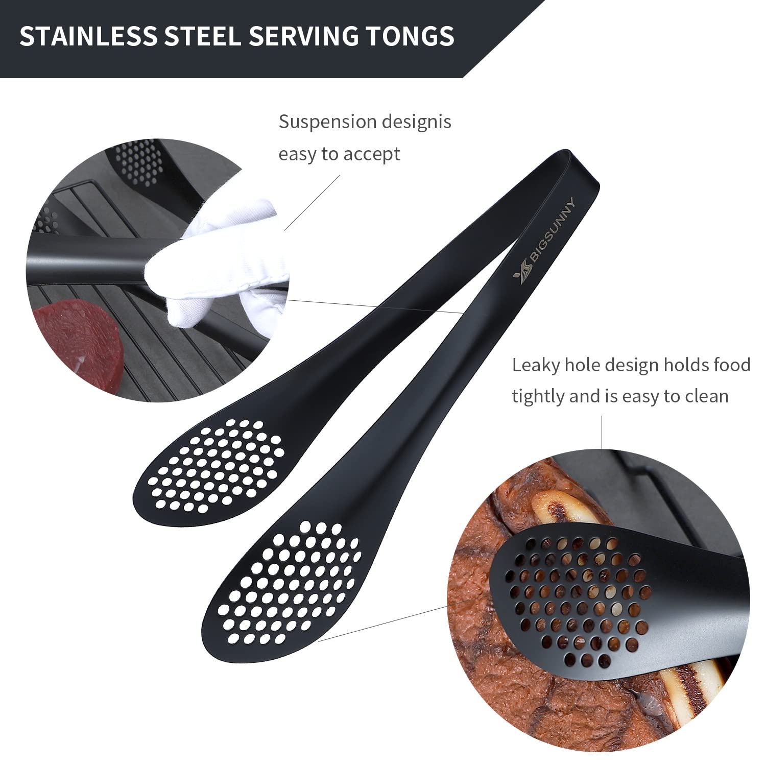 BIGSUNNY Pinzas para Buffet de Acero Inoxidable 9" Negro - Pinzas para Alimentos de Cocina