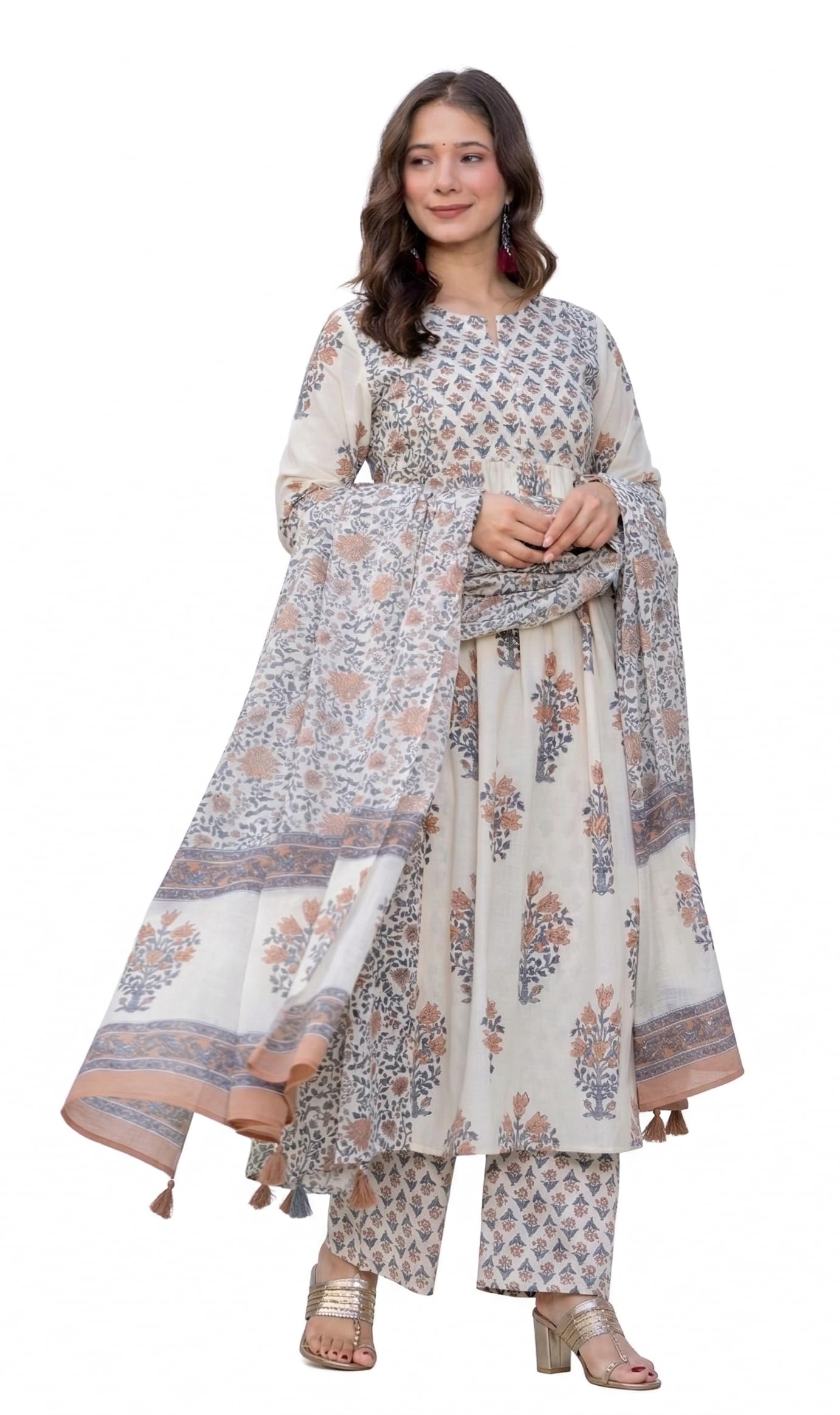 aradhika Women's Pure Cotton Block Print Flared Kurta Set with Palazzo and Dupatta | 3 Piece Off White Jaipuri Printed Ethnic Wear | Festive & Daily Wear | Soft Breathable A-Line Kurta Suit Set-picture-24