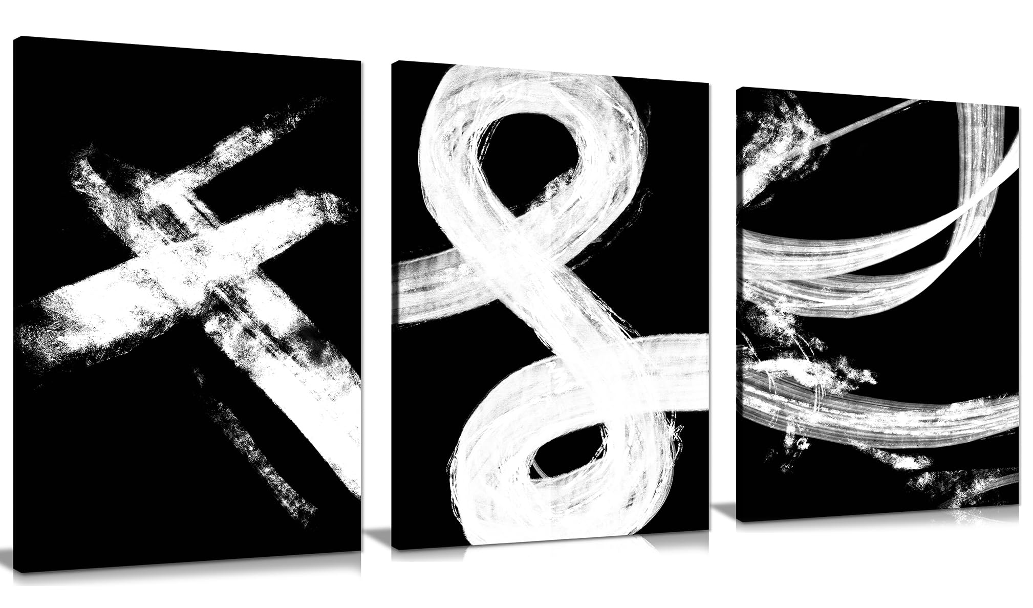 Set of 3 Fine Art Prints Black & White Crossed & Curved Strokes Canvas Illustration Artistic Framed Pictures for Home, Office Walls, Bedroom, Living Room & Bathroom Decor 46 x 31cm (18 x 12 inches)