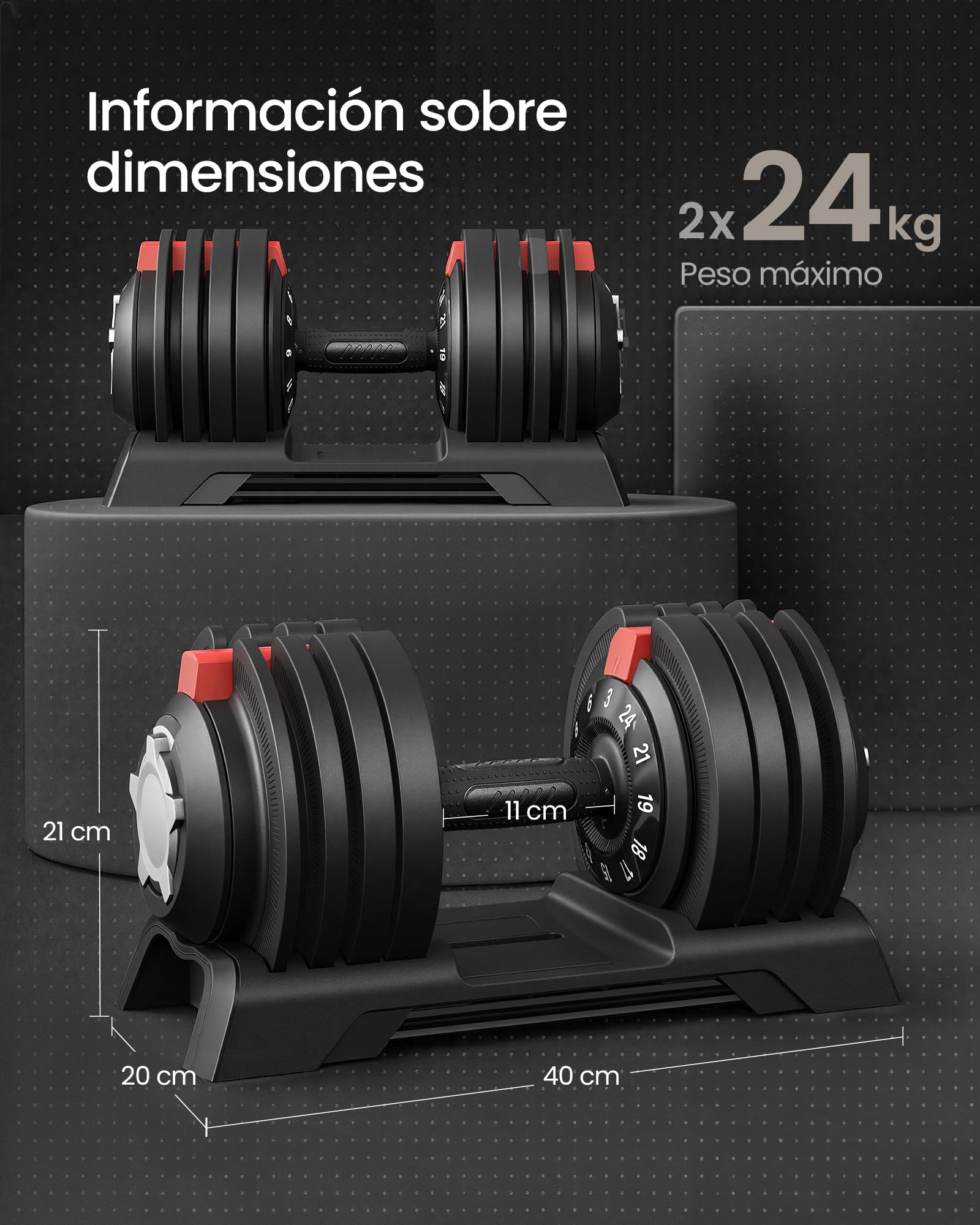 SONGMICS Juego de 2 Mancuernas Ajustables 12 en 1, Ahorran Espacio, Mango Antideslizante, Soporte Base, Entrenamiento de Fuerza y Fitness en Casa