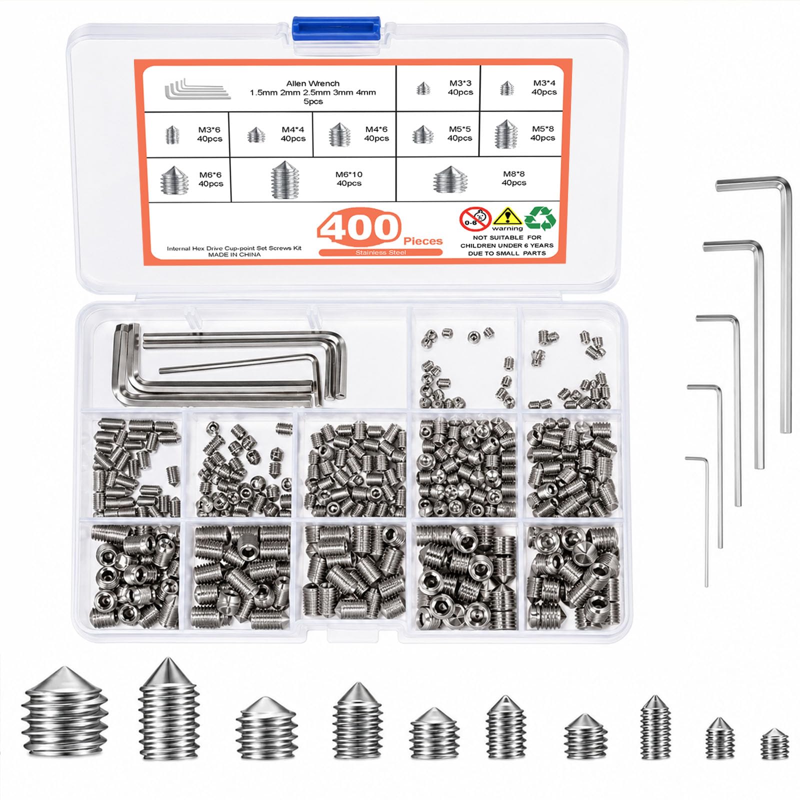 Wavanta 400PCS 304 Stainless Steel Grub Screw Assortment Kit, Metric Cone Point Socket Set Screws, M3 M4 M5 M6 Mixed Sizes with 5 Allen Keys