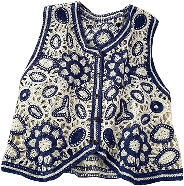 Débardeur Crochet Femme Rétro Ajouré - Broderie Florale Bohème