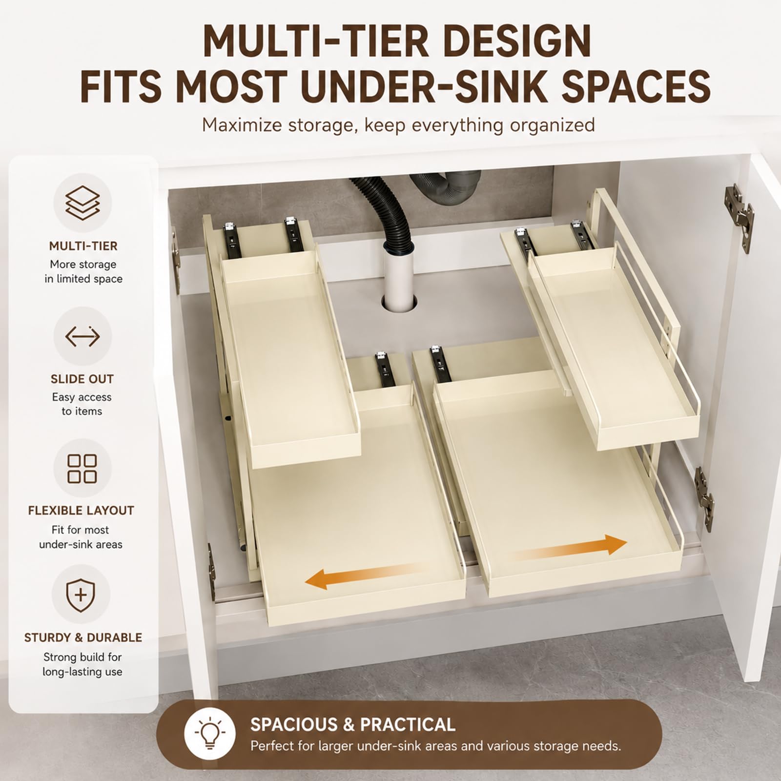 Organizador Bajo Lavabo, Estante Extraíble con Guías Dobles Silenciosas, Estructura de Hierro Forjado, Gran Capacidad para Baño y Cocina Yellow