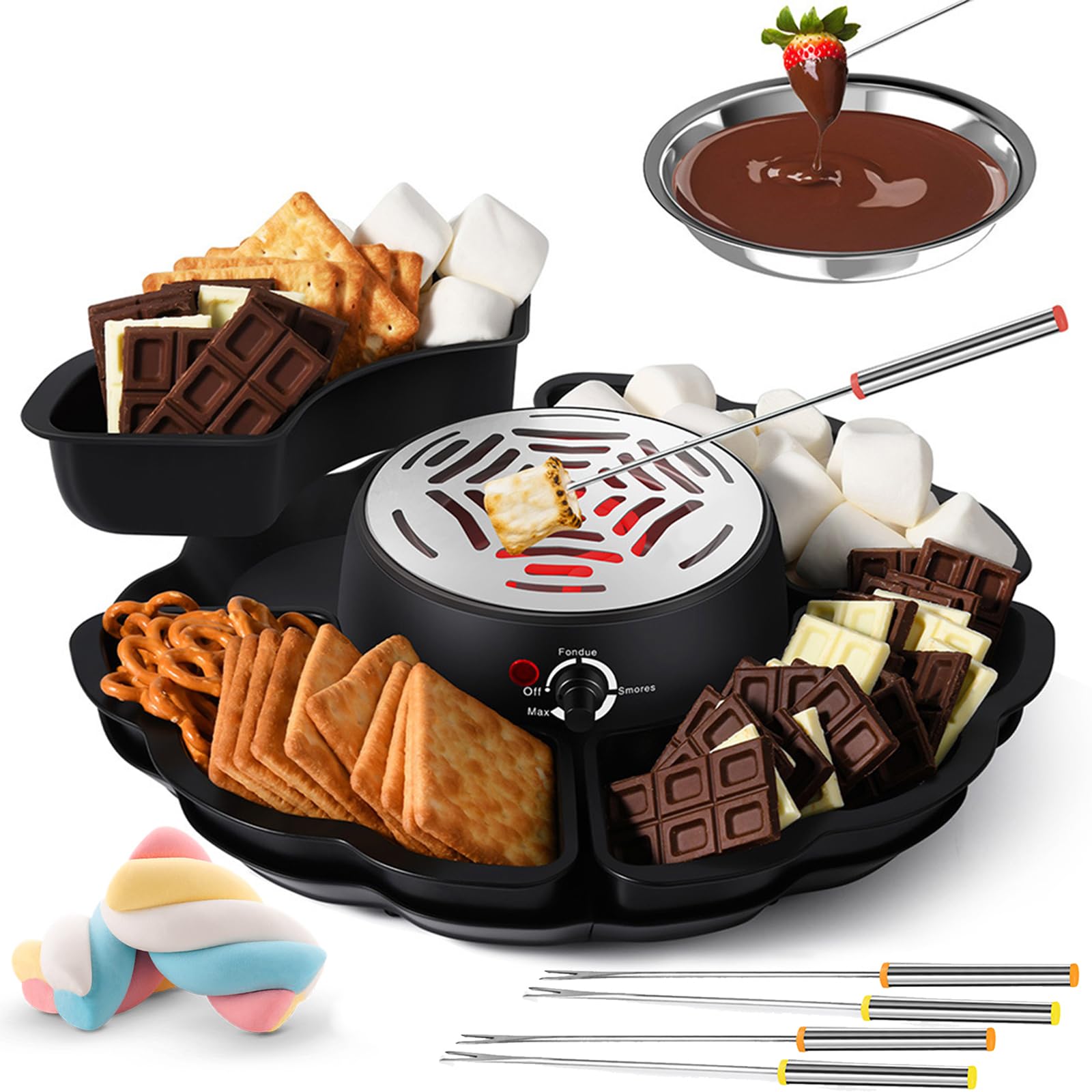 Electric S'Mores - Juego de máquina y fondue 2 en 1, kit de tostado de malvaviscos de chocolate con control de temperatura, 5 accesorios, placa antiadherente para niños, fiestas, noches de cine