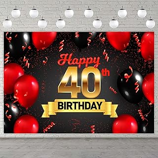 Happy 40th Birthday Red Black Decorations Banner Backdrop Background Balloons Cheers to 40 Years Old Bady Theme Decor for Girls Boys Happy 40 Birthday Party Photo Booth Props Favors Supplies