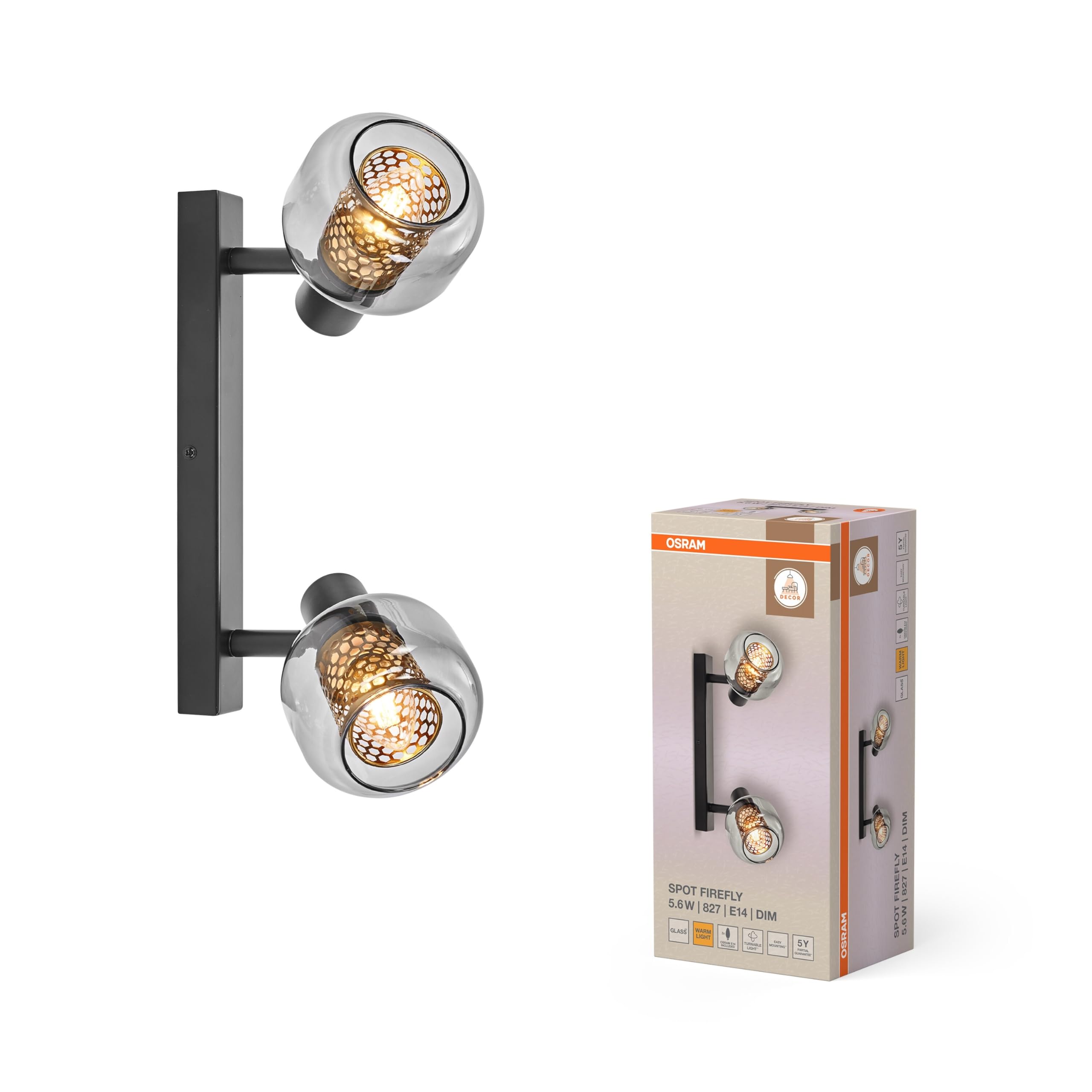 Osram DECOR Spot Firefly lampa ścienna, 2 x 2,8 W, E14, 500 lm, 2700 K, ciepła biel, możliwość ściemniania, IP20, metal/szkło, czarna, LED w zestawie i wymienna