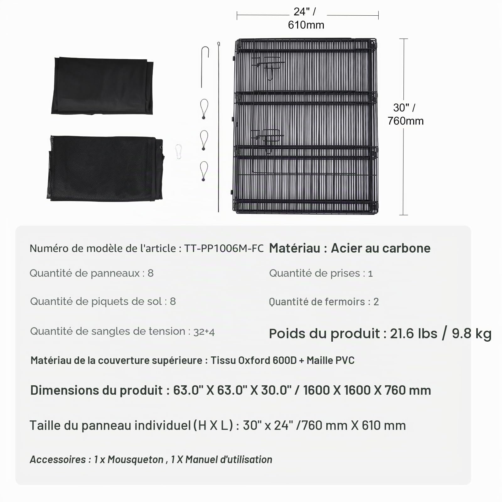 VEVOR Parc pour Chien 160x160x76 cm Enclos Chat Chiot Pliable 8 Panneaux, Clôture d'exercice en Métal avec Porte, Tapis, Housse de Protection, pour Petits Animaux de Compagnie, Intérieur, Extérieur