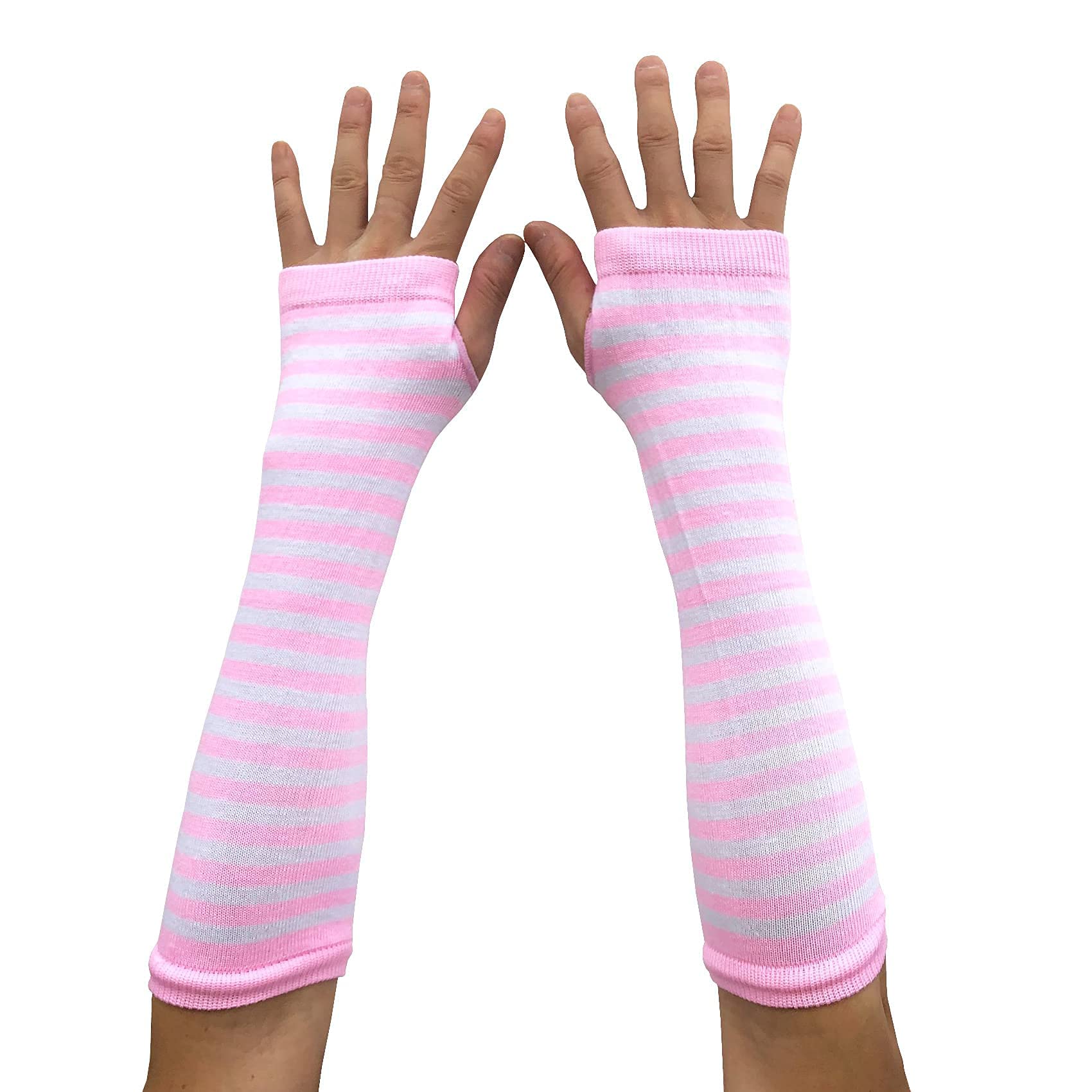 AUSUAYA Women Striped Long Fingerless Warm Gloves, Winter Arm Warmers For Punk Rock/Cosplay/Goth Party WM-S-G5 (White and Pink Striped)
