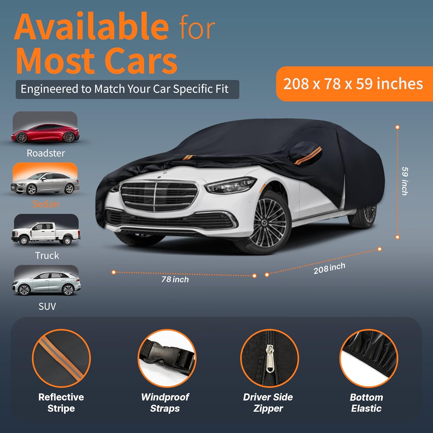 Waterproof Car Cover All-Weather, Heavy-Duty Outdoor Full Exterior Automobiles Snow Cover for Sedan 204-208 inch with Sun Visor,Zippered & Storage Bag - Black