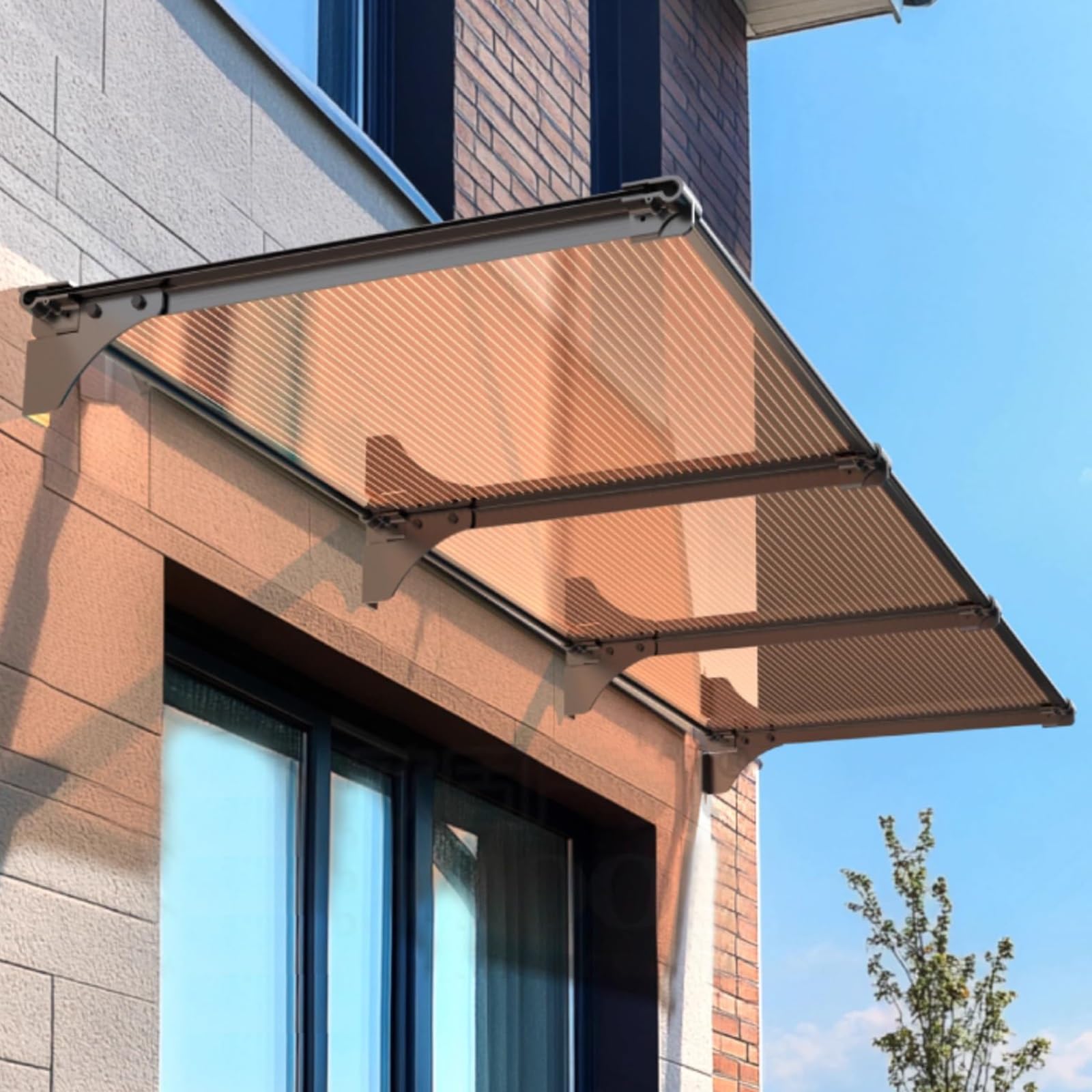 LWJSOCP Outdoor Canopy Awning Polycarbonate & Aluminum Shelter for Balcony & Doors Transparent Brown (80x120cm 31x47) Weather Resistant UV Protection