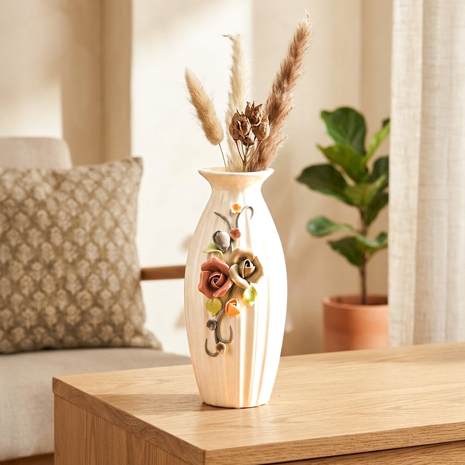 Market99 Ceramic White Color Vase | Cylindrical Shaped Vase with Glossy Finish | Flowers Holder for Home, Office Living Room & Table Decorations | Flower Design | Decorative Item-image-38