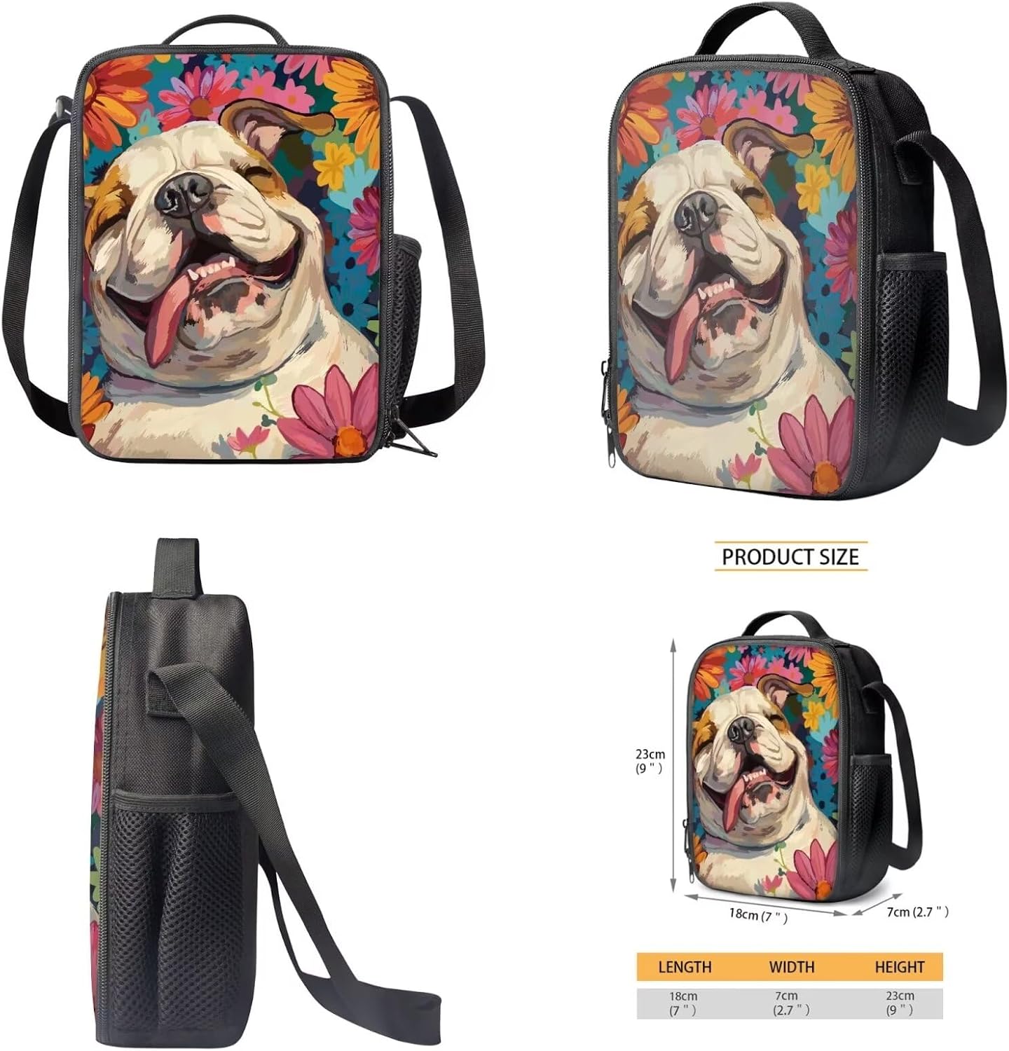 Poceacles English Bulldog Print Boys School Backpack With Lunch Bag Pencil Case Set of 3 Pack School Bookbag Zipper Pencil Case Reusable Bento Lunch Box for Middle School Girls Gifts image 4