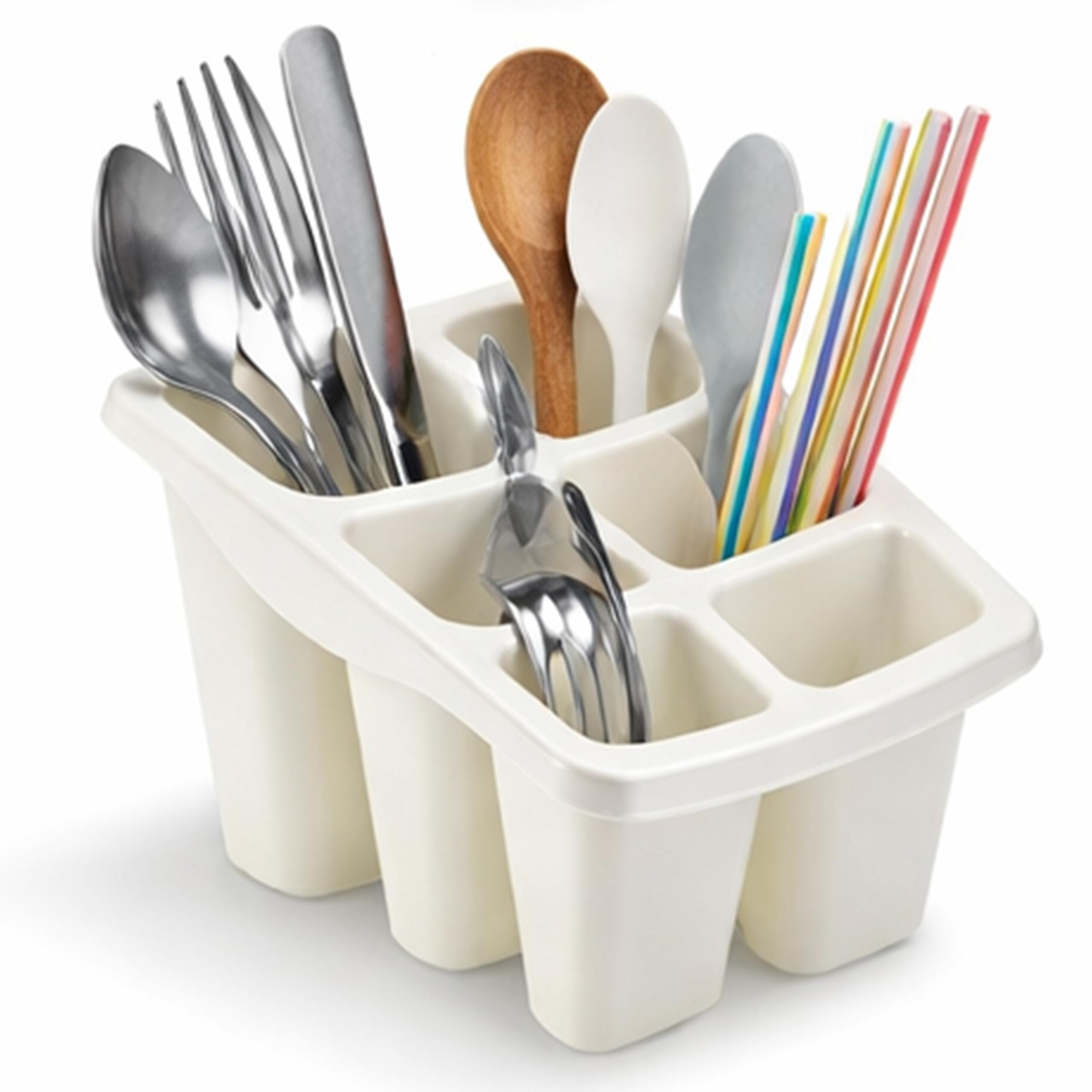 Ploutos World Wide Premium Cutlery & Utensil Drainer – Heavy-Duty Plastic Sink Caddy with Drain Holes, Multi-Section Countertop Tidy Holder for Kitchen Tools & Cutlery Storage (Cream)