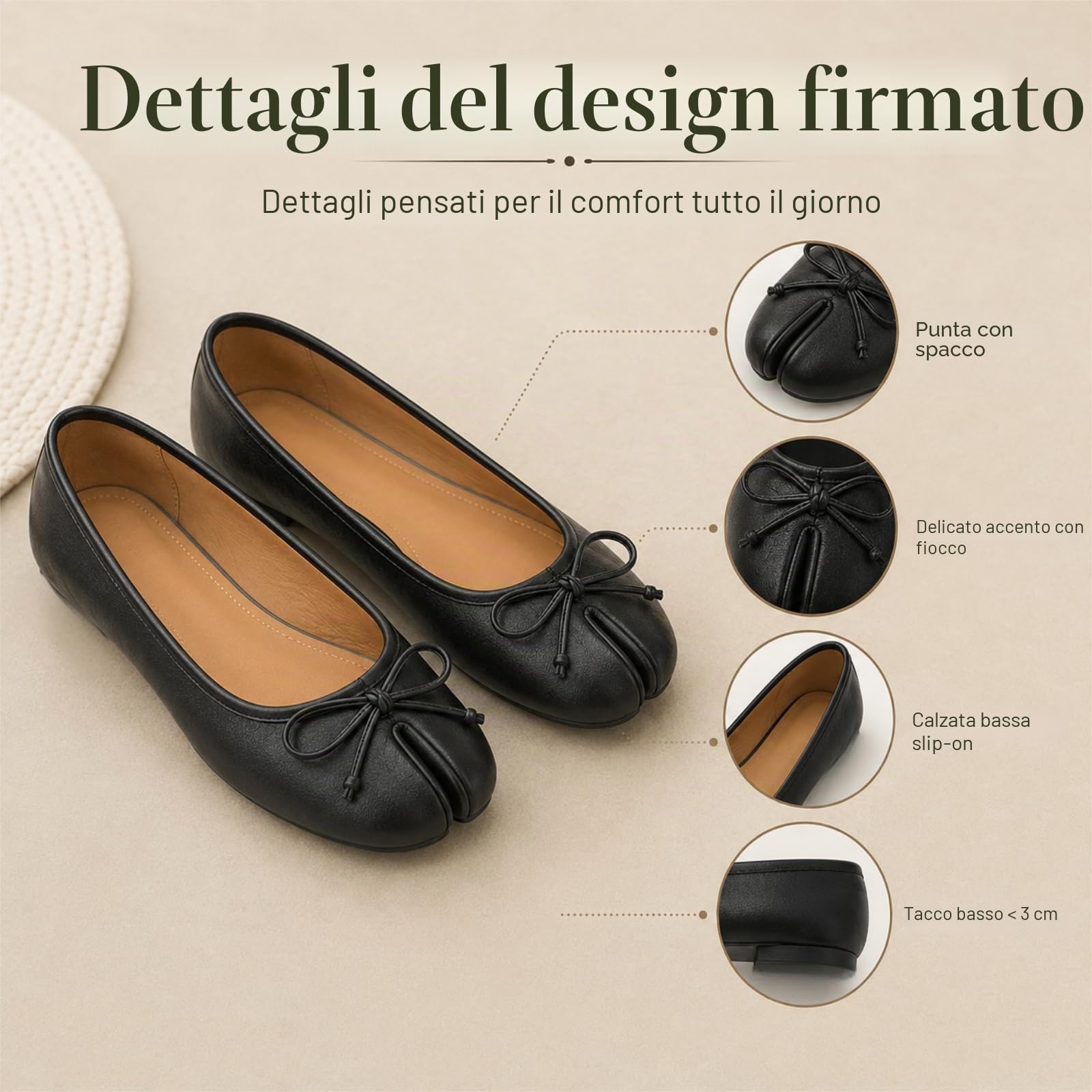 JCVBN - Scarpe basse da donna con punta divisa e fiocco, in morbida pelle, con fiocco sul davanti, basse, senza lacci, ballerine