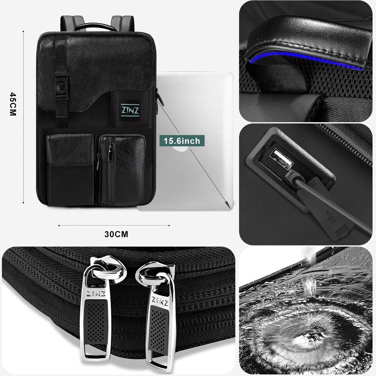 ZINZ Zaino Sottile ed Espandibile per Laptop da 15,6 pollici, Resistente All'acqua, Zaino da Viaggio Antifurto per Uomini e Donne,Nero
