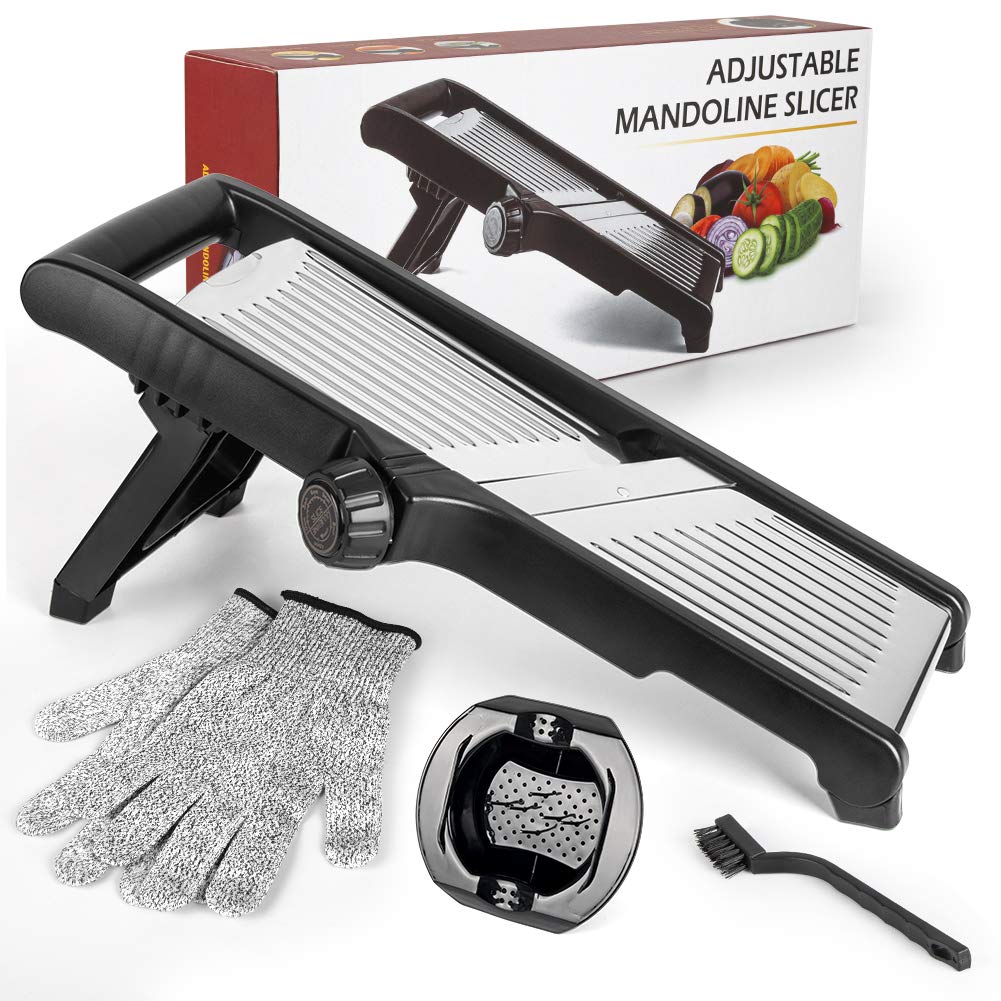 Mandoline Slicer Stainless Steel Adjustable Blade Julienne Slicer Vegetable Slicer Onion Slicer Potato Chip French Fry Cutter Food Slicer for Kitchen Comes with One Pair Cut Resistant Gloves