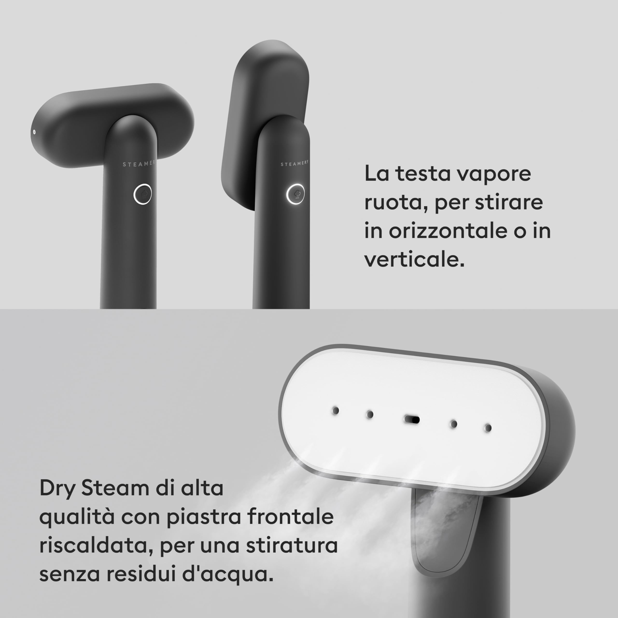 Steamery Steamer da viaggio Cirrus Lite, 1200W, Potenza vapore 16g/min, Tempo di riscaldamento 18 secondi, Portatile e ripiegabile, Testa vapore girevole, Dry Steam Technology, Charcoal