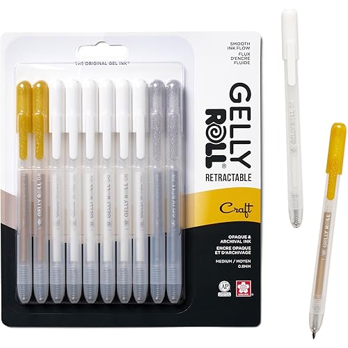 SAKURA Gelly Roll Retractable Gel Pens Colored - Opaque Color Set - Art Gifts, Holiday Gifts & DIY Projects - Medium Point Ink Pen - With White, Gold & Silver Ink - 10 Pack