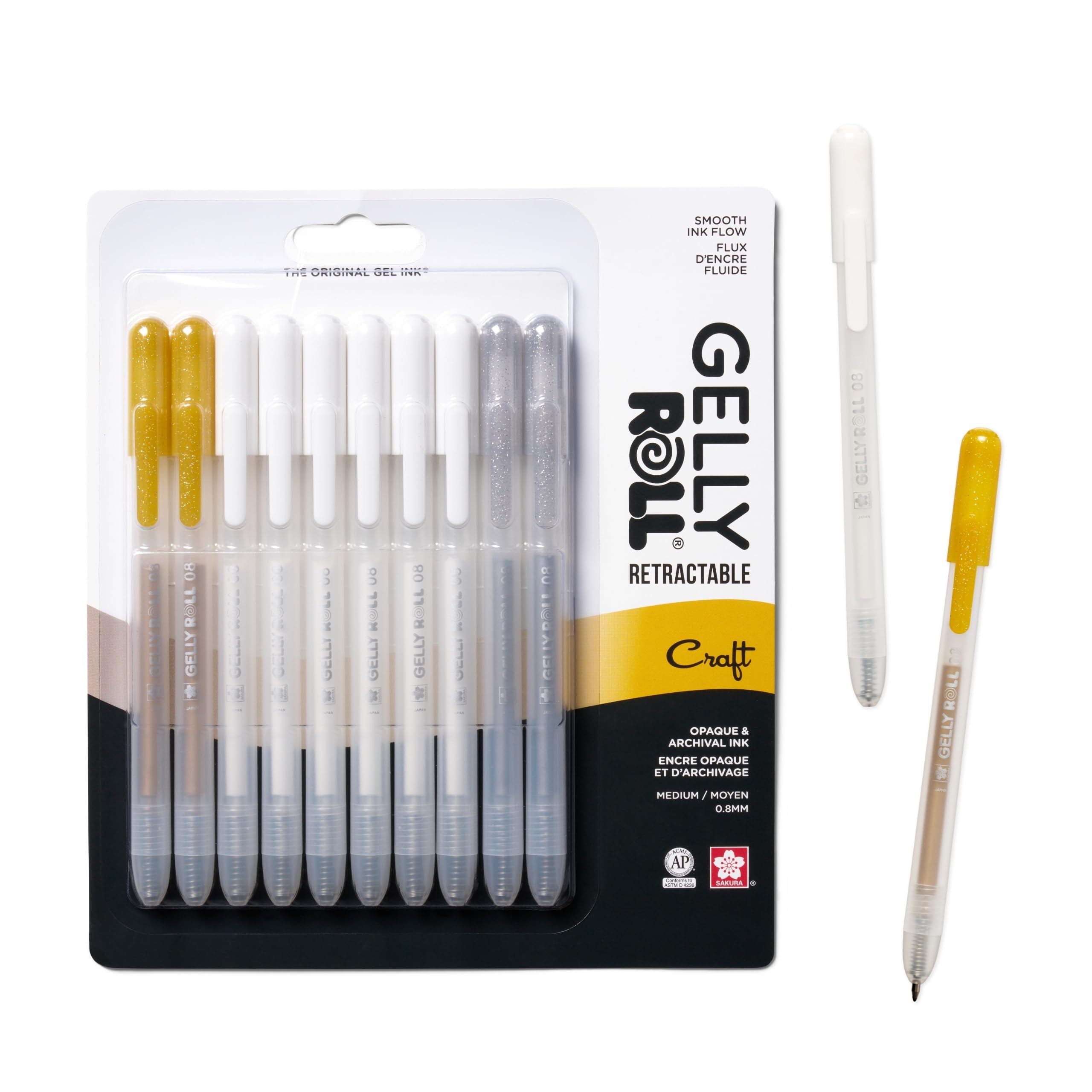 Gelly Roll Retractable Gel Pens Colored - Opaque Color Set - Art Gifts, Holiday Gifts & DIY Projects - Medium Point Ink Pen - With White, Gold & Silver Ink - 10 Pack