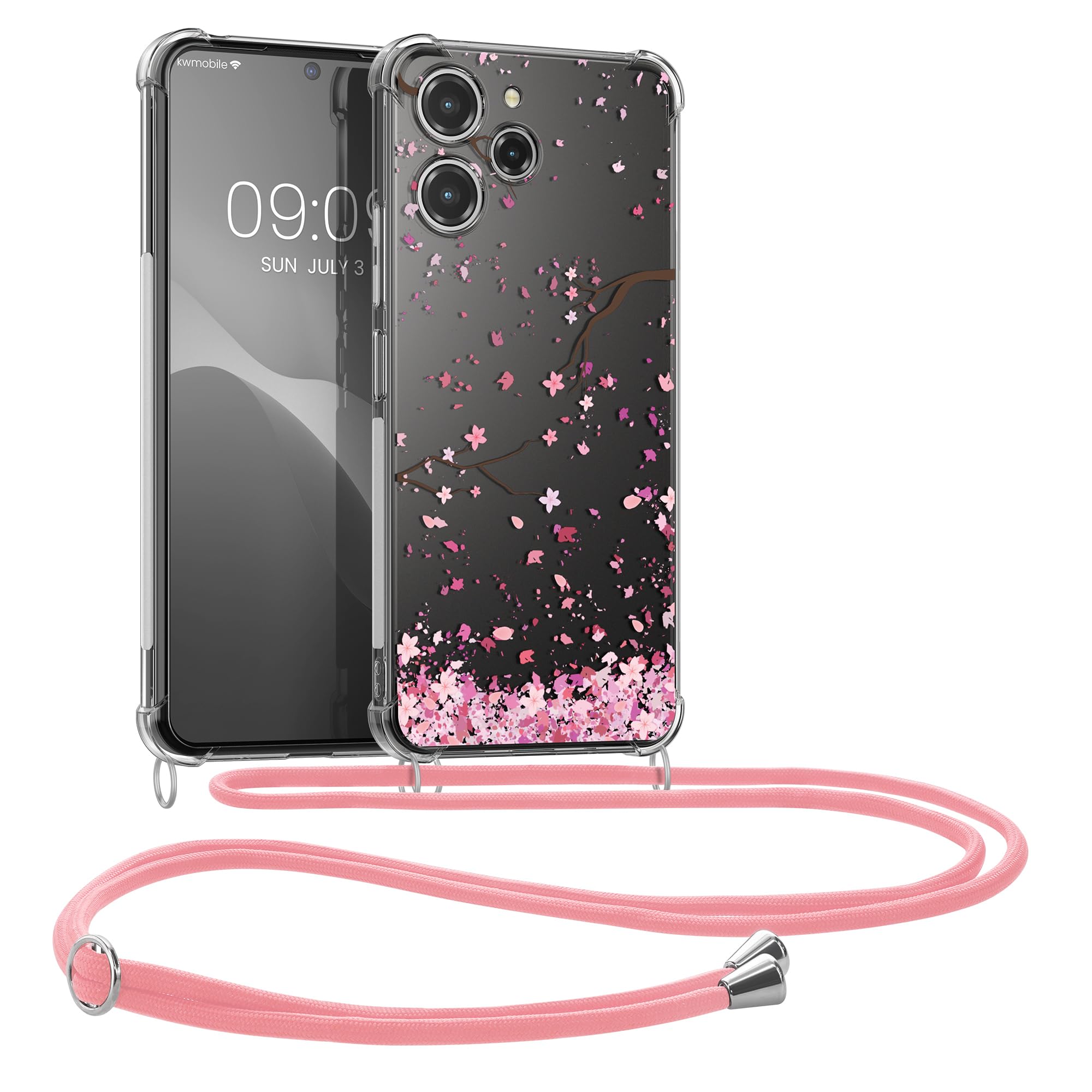 kwmobile Crossbody Case Compatible with Xiaomi Redmi 12 Case Strap - Cherry Blossoms Pink/Dark Brown/Transparent