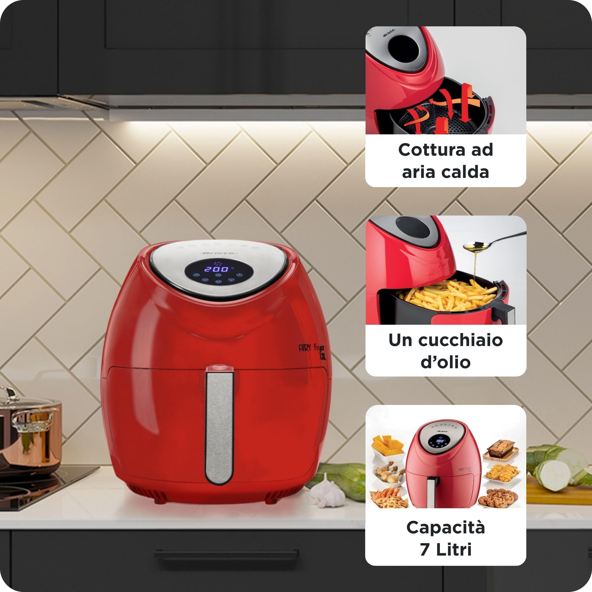 Ariete 4618 Airy Fryer XXL- Friggitrice ad Aria - Frigge 2,5 kg di Patatine Fritte - 7 Litri - Cottura Senza Olio e Grassi - 1800 Watt - Rosso
