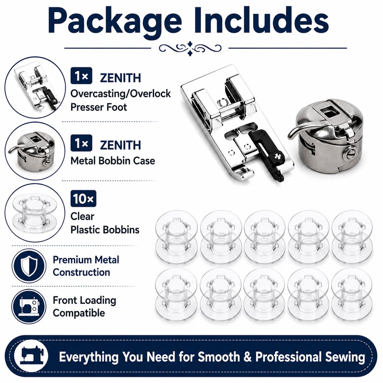 Zenith Combo of Overcasting/Overlock Pressure Foot, 10 Plastic Bobbins, Bobbin case Compatible with Domestic Automatic Front Loading Electric Sewing Machines Compatible with Usha Janome, Singer — Amazon image 8