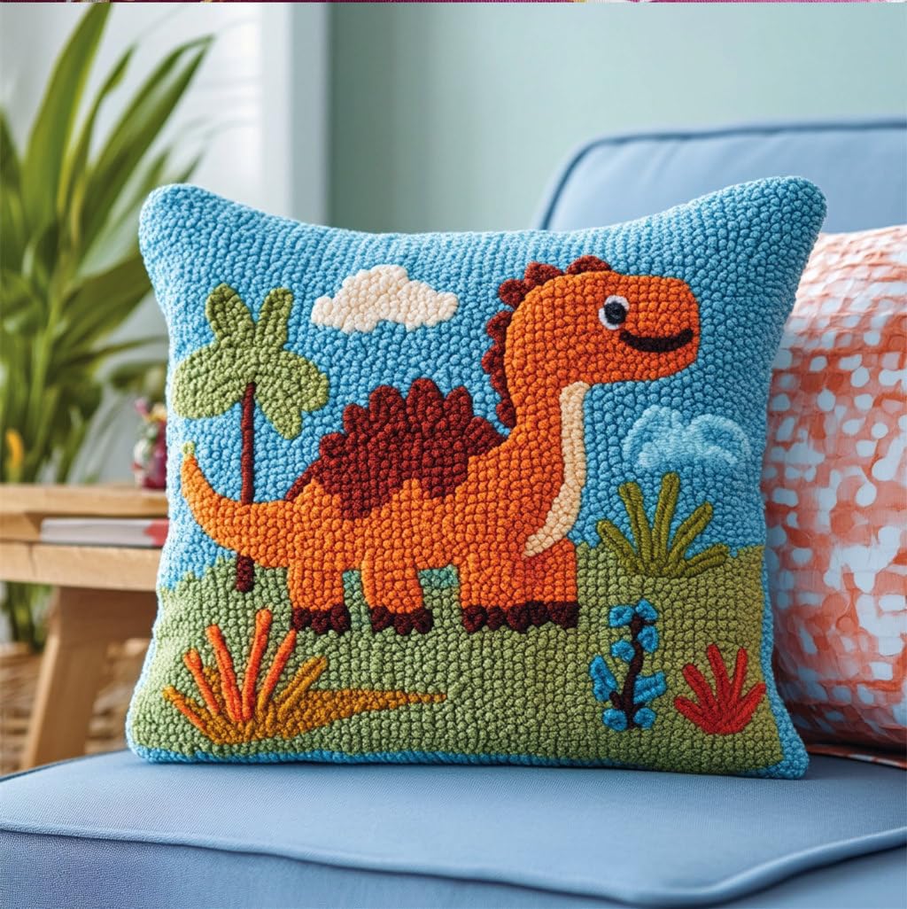 ORLUMY DIY Latch Hook Kitslatch Hook Kits Dinosaur Latch Hook Kits for DIY Throw Pillow Cover Craft Kits with Printed Canvas 17X17 Inch