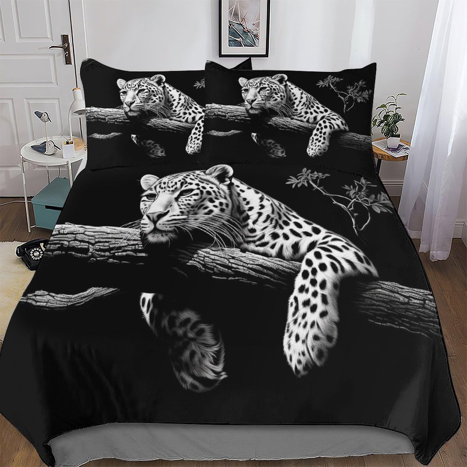 Housse de couette léopard anti-glisse avec zip solide pour lit double enfant et ado