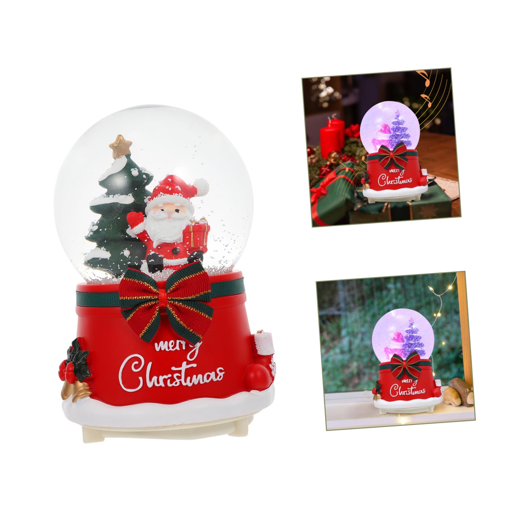 Levemolo Caja de Música Bola de Cristal Luminosa Giratoria de Resina y Vidrio, Rojo, con 3 Pilas AAA, Decoración Navideña Hogar,