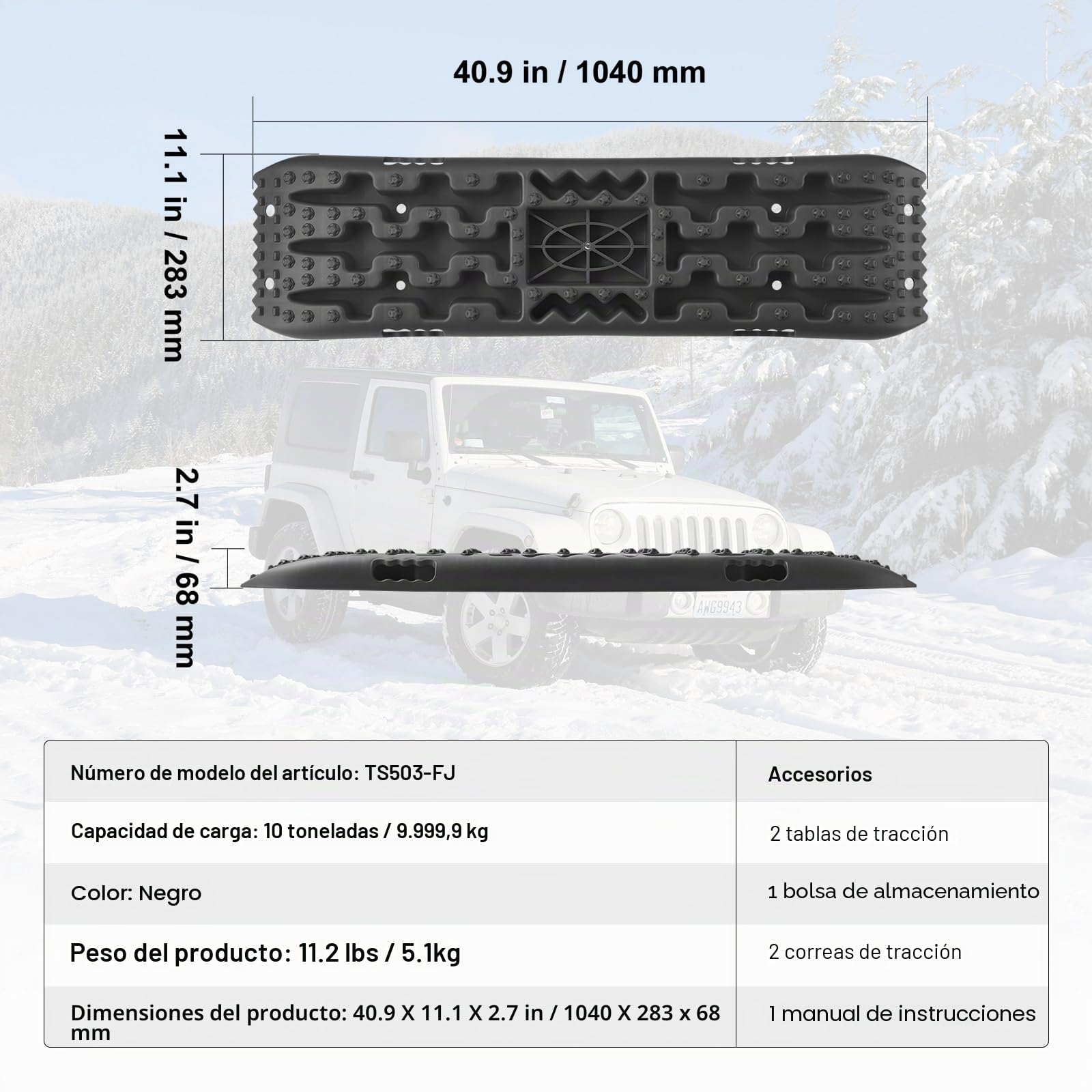VEVOR Placa de Aterrizaje de PP 10 T Estera de Tracción para Todoterreno/Coche/Pick-up/SUV/RV Tabla de Recuperación de Arena y Lodo de Nieve Bolsa de Almacenamiento, Larga, Negra, 2 Piezas