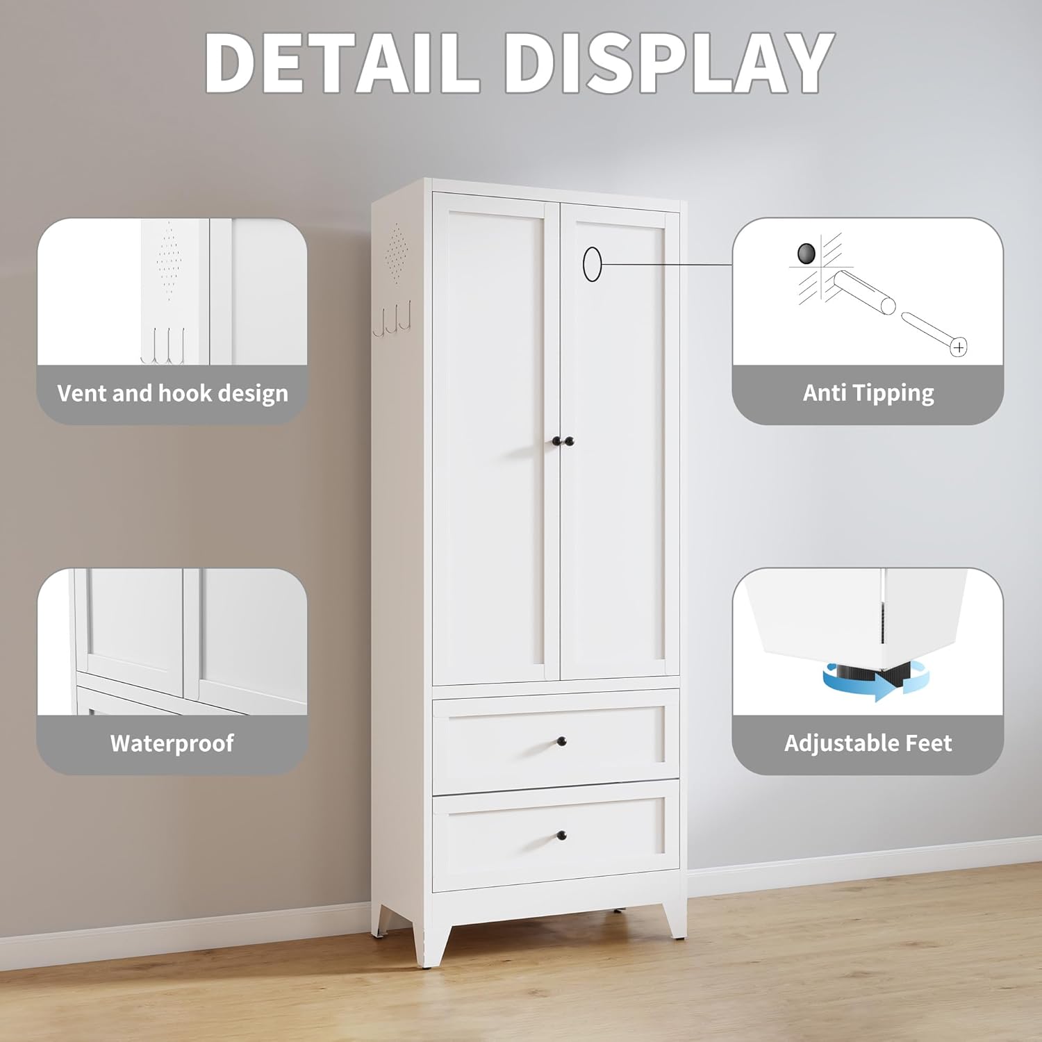 Metal Pantry Cabinet, 72 inch Tall Kitchen Pantry Cabinet, Pantry Storage Cabinet with 2 Adjustable Shelves, 2 Drawers, Utility Cupboard for Kitchen Dining Room Living Room Bathroom, White