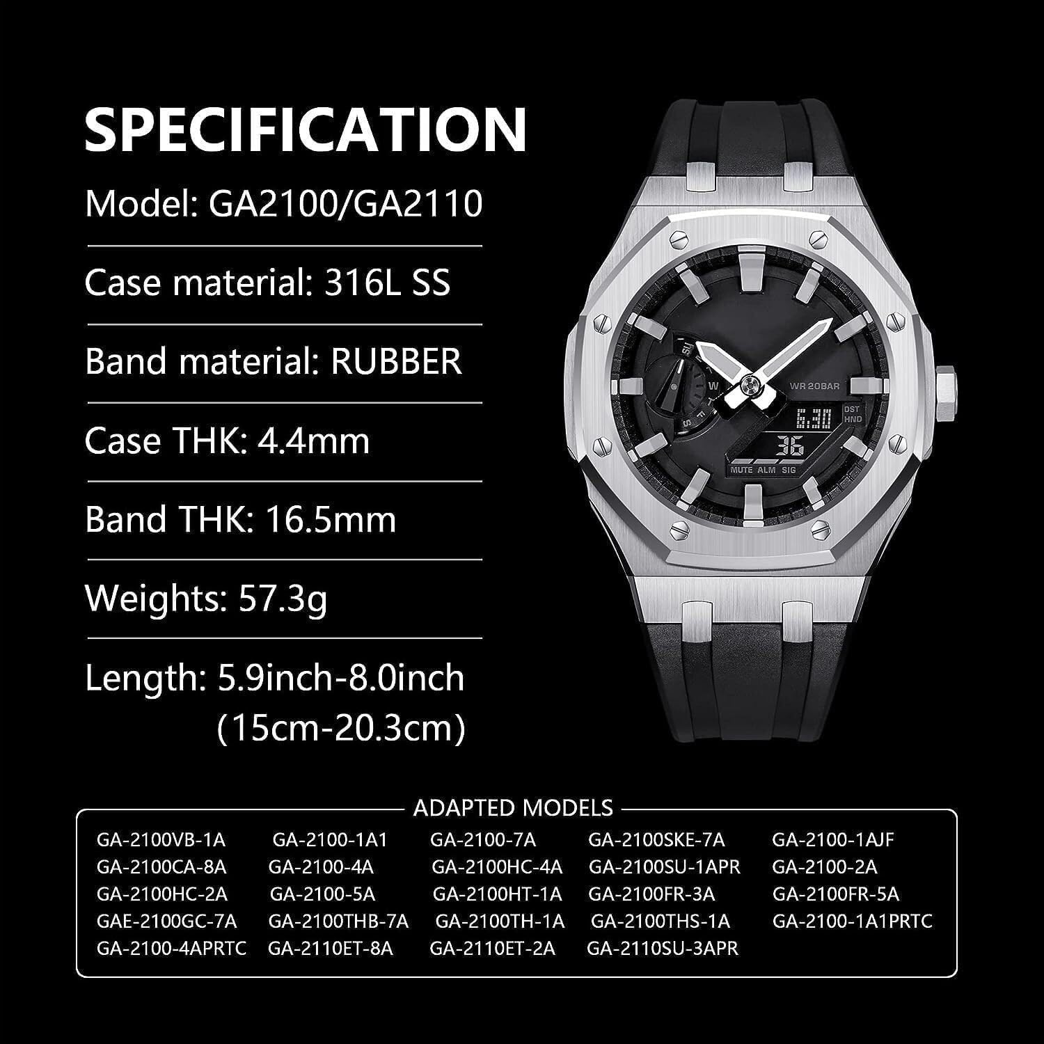 Gen 5 Stainless Steel Metal Watch Case+Fluororubber Band Mod Kit，For GA2100/2110 GM2100 Watch Bezel Conversion Kit Retrofit Kit For Men's Women GA2100 Watches Modification and Upgrade
