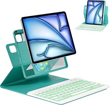 Magnetic 360 Rotatable Keyboard Case for iPad Air 13 M2 & Pro 12.9 6th/5th/4th/3rd Gen - 7 Colors Backlit Detachable Wireless Folio Cover Teal