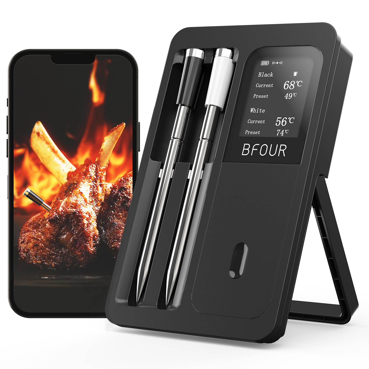 BFOUR Fleischthermometer Kabelloses mit 2 Sonden, App Alarm für Grill & Ofen