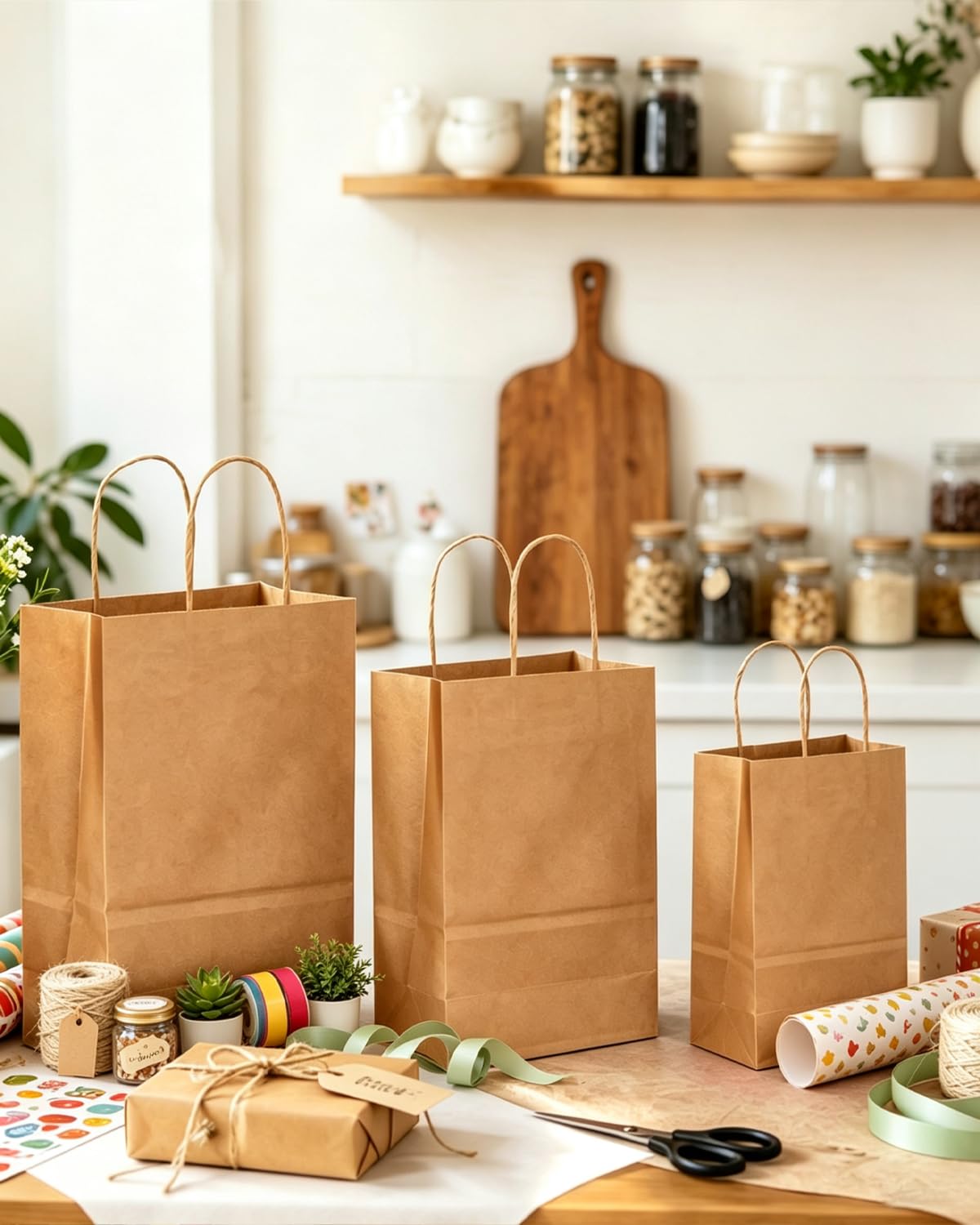 Gcardist Braune Papiertüten mit Henkeln, Großpackung mit 100 Stück in verschiedenen Größen (groß – 33 Stück, mittel – 33 Stück, klein – 34 Stück)