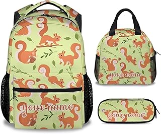 CUNEXTTIME Custom Squirrel Backpack with Lunch Box, Set of 3 School Backpacks Matching Combo for Girls Boys, Cute Green Bookbag and Pencil Case Bundle