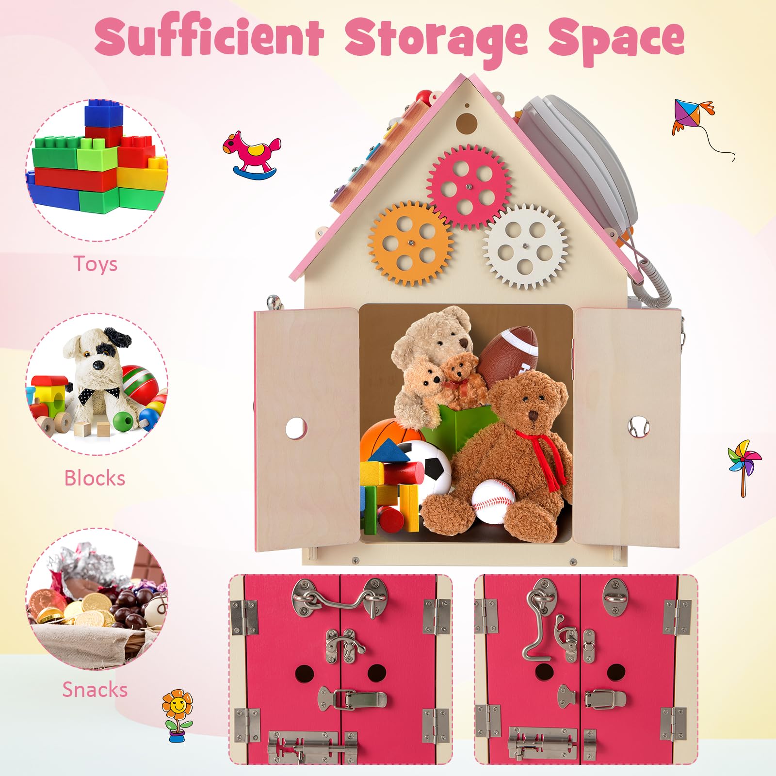 GOPLUS Casa de Juegos de Madera para niños, casa de Juegos Infantil educativa con 33 componentes, Juguete Montessori con Espacio de Almacenamiento para niños 3+ años, para Aprendizaje (Rosa)