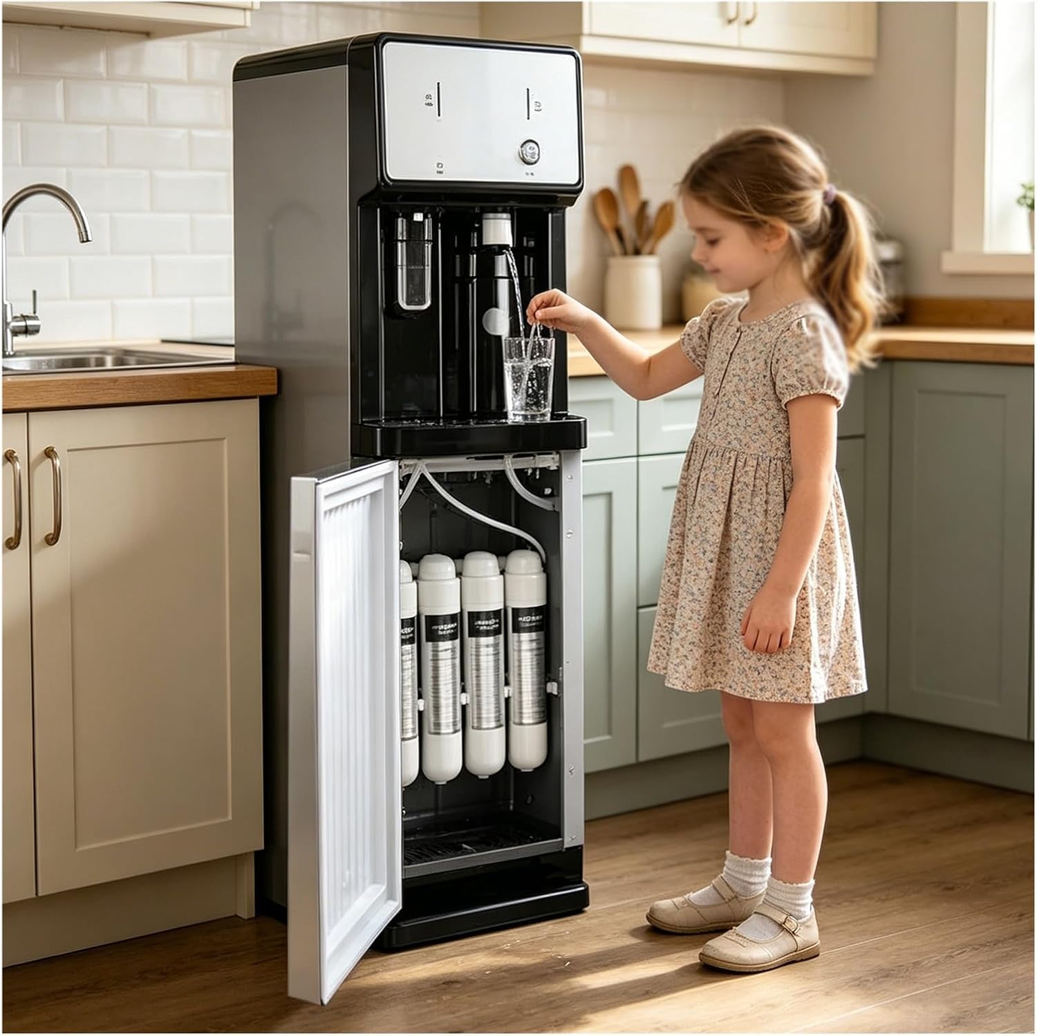 Floor-Standing Water Cooler Dispenser with 4-Stage Filtration,Mains Fed Unit Hot and Cold Water Dispenser,3 Water Temperature Modes, for Home/Office/Dormitory
