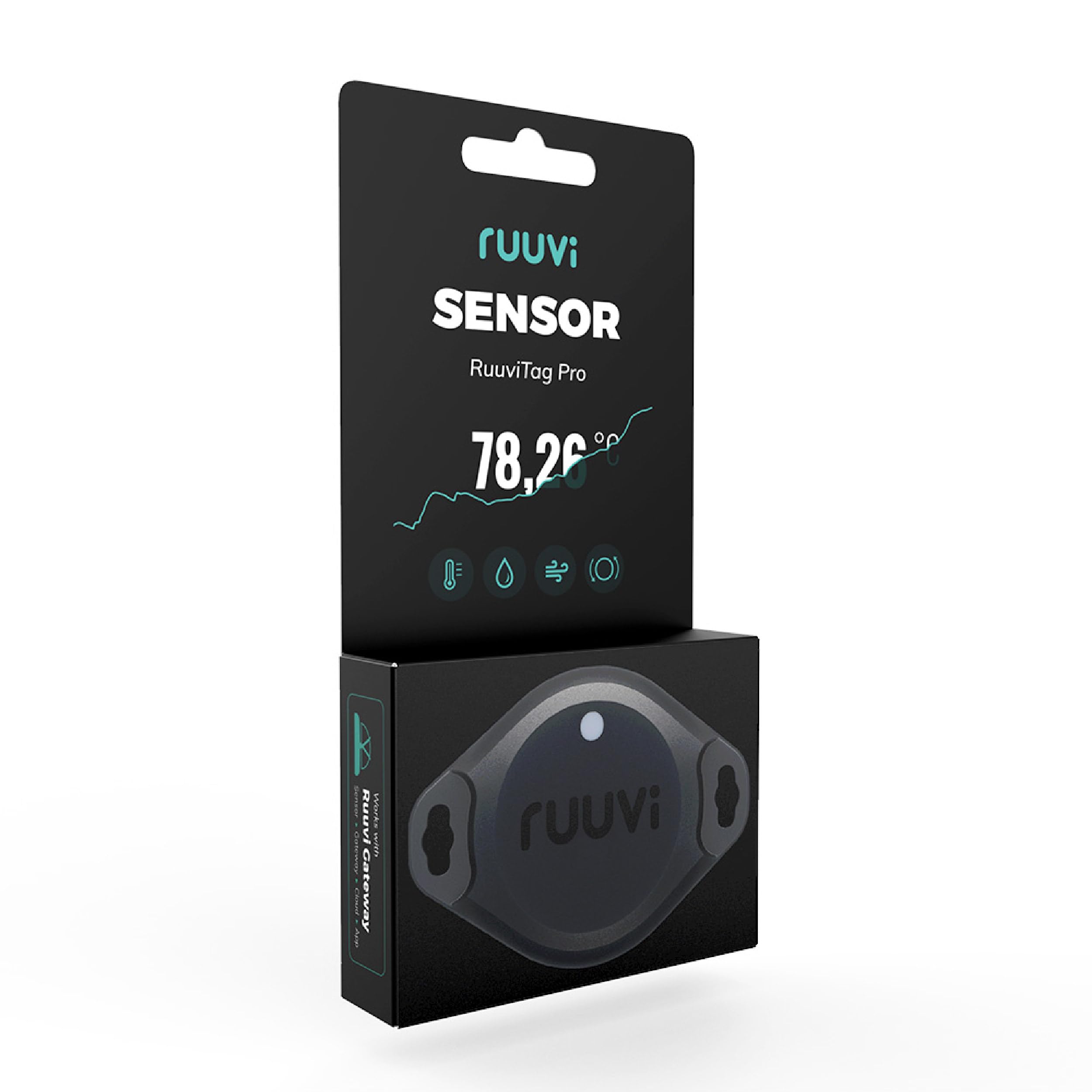 Ruuvi Tag Pro 4w1 bezprzewodowa temperatura Bluetooth (°C/°F), wilgotność powietrza i ciśnienie powietrza. Alerty i historia. Darmowe aplikacje na Android/iOS. Integracja z Victron, Homey i Home