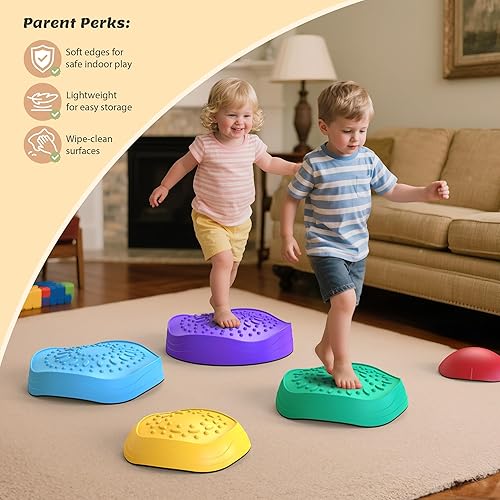 Vista 5 de Equilibrio Stepping Stones, juguetes sensoriales antideslizantes para niños pequeños para jugar al aire libre o interior, juego de piedras