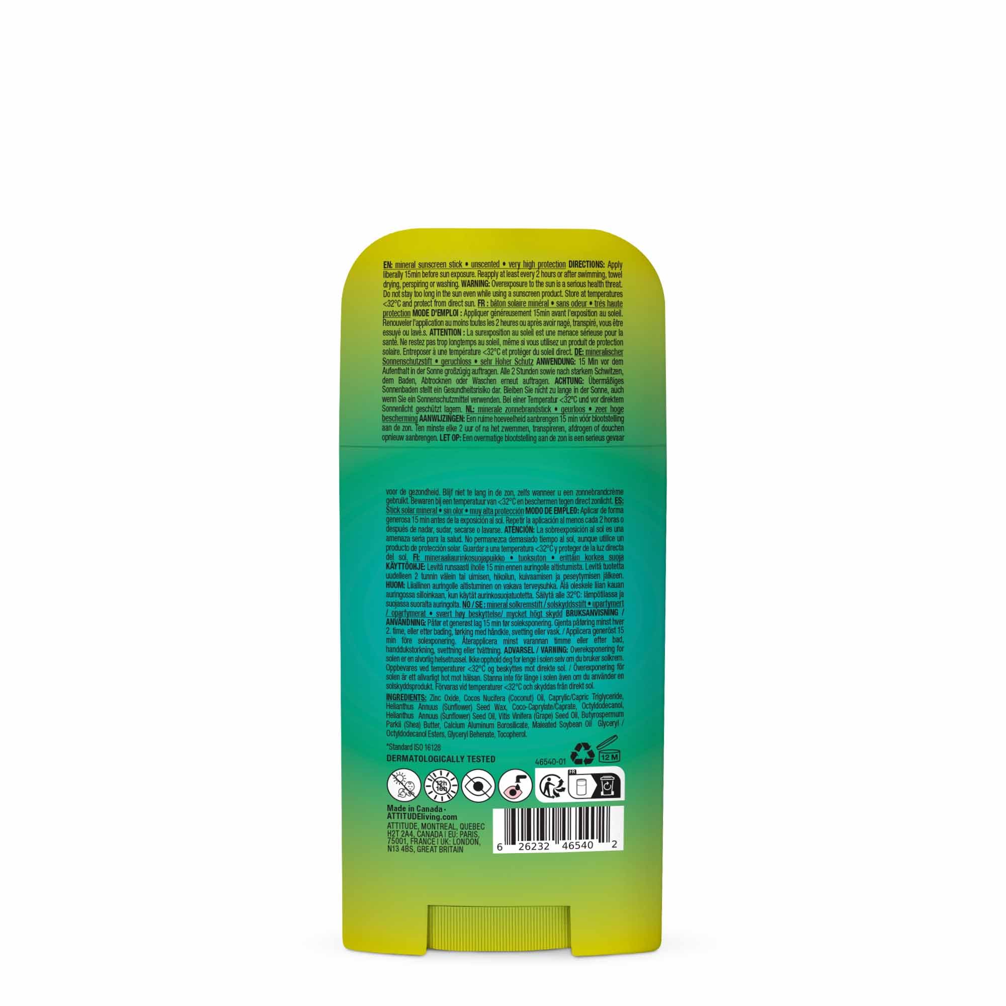 ATTITUDE Crème Solaire Minérale SPF 50, Large Spectre à l’Oxyde de Zinc, Vérifié EWG, Non Nano, Léger pour Visage et Corps, Végan, Sans Odeur, 60 g