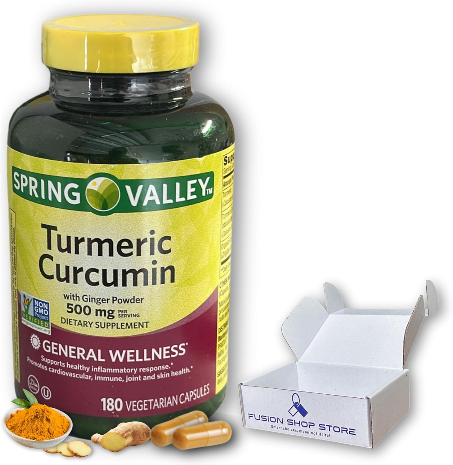 Turmeric Curcumin 500mg with Ginger Powder- Vegetarian Capsules, 180ct (Pack of 1), Boxed by Fusion Shop Store