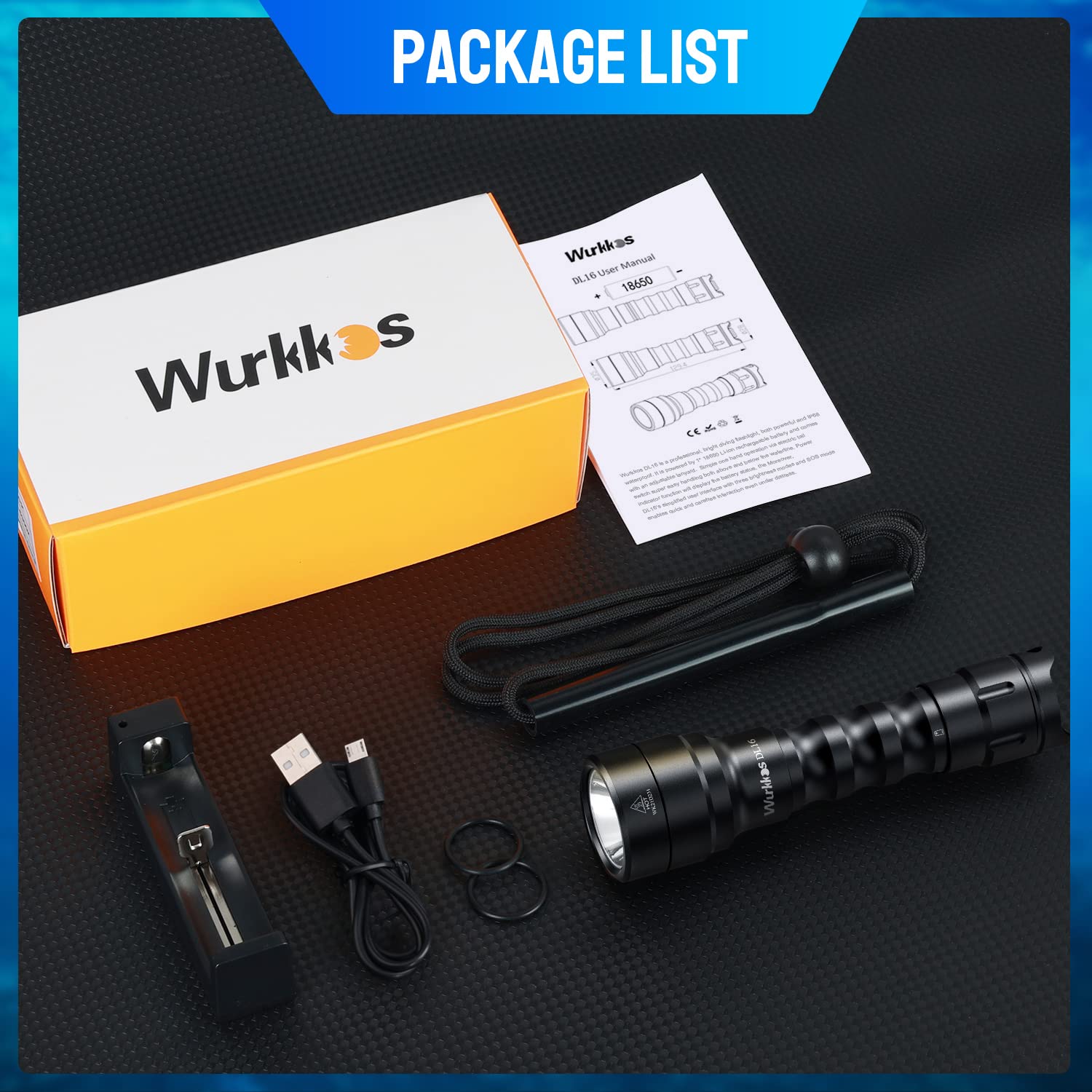 Wurkkos DL16 Tauchlampe, 2000 Lumen Tauchen Taschenlampe Wiederaufladbar, IPX8 Wasserdicht, 1* SST40 LED Unterwasser Taschenlampe mit und Ladegerät