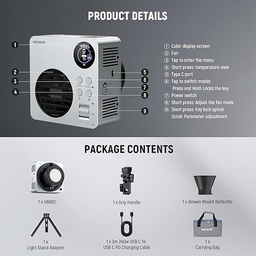 Miniatura 9 de NEEWER HB80C RGBWW - Luz de video LED con batería integrada de 72 Wh y carga rápida PD de 100 W, iluminación de salida continua COB Mini RGB de 80