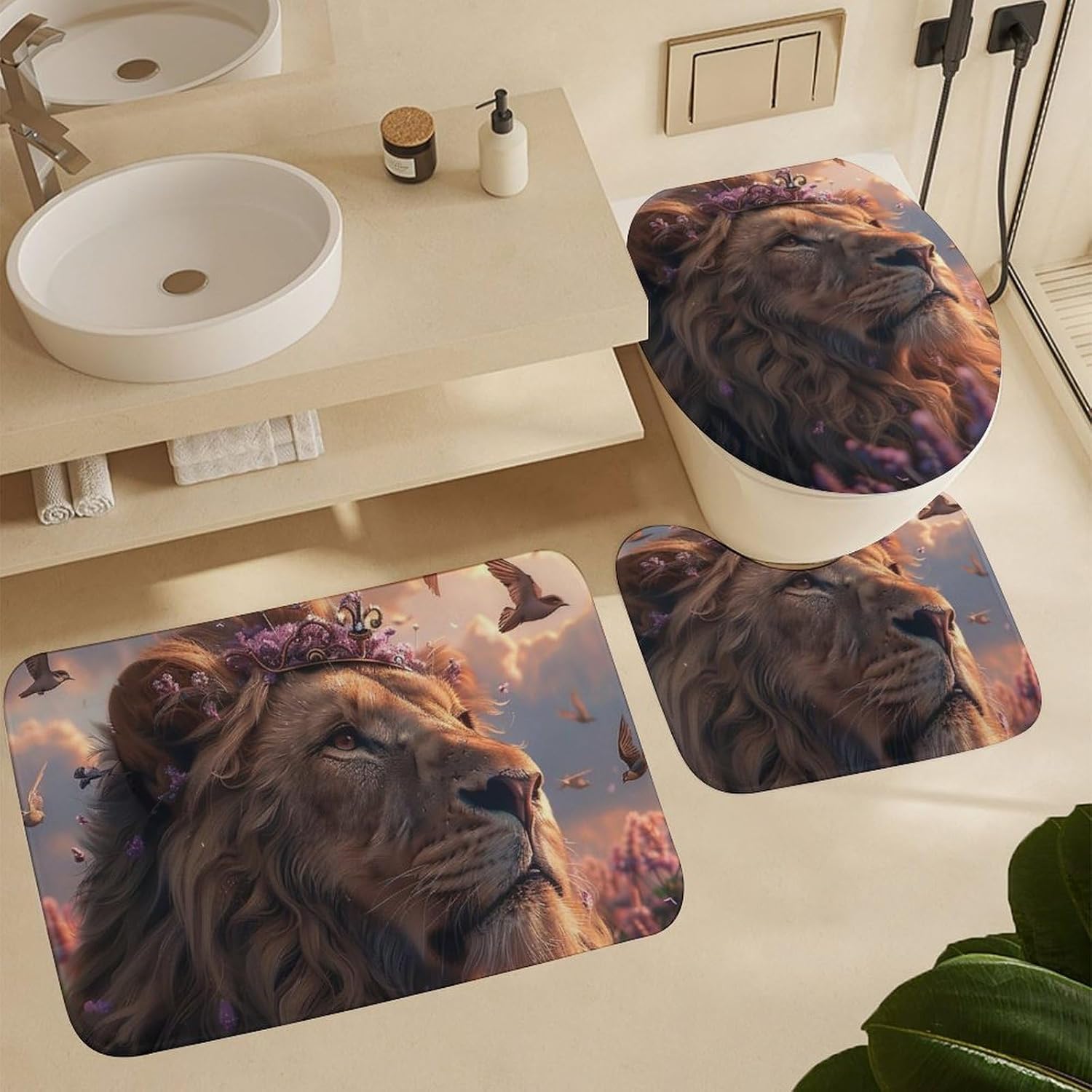 4Pcs Lion Floral Fantasy Shower Curtain Sets with Rugs, Toilet Lid Cover and Bath Mat, Garden Birds Flower Field Bathroom Shower Curtains Set with 12 Hooks