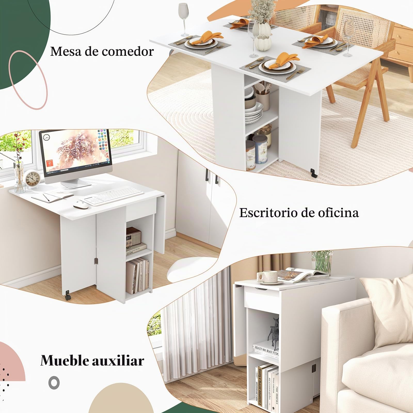 LIFEZEAL Mesa de Comedor Plegable 3 en 1, 120x77cm, Mesa de Cocina para 4-6 Personas, Mesa Extensible con 2 Ruedas, 1 Cajón, 2 Estantes, para Comedor, Sala de Estar (Blanco)