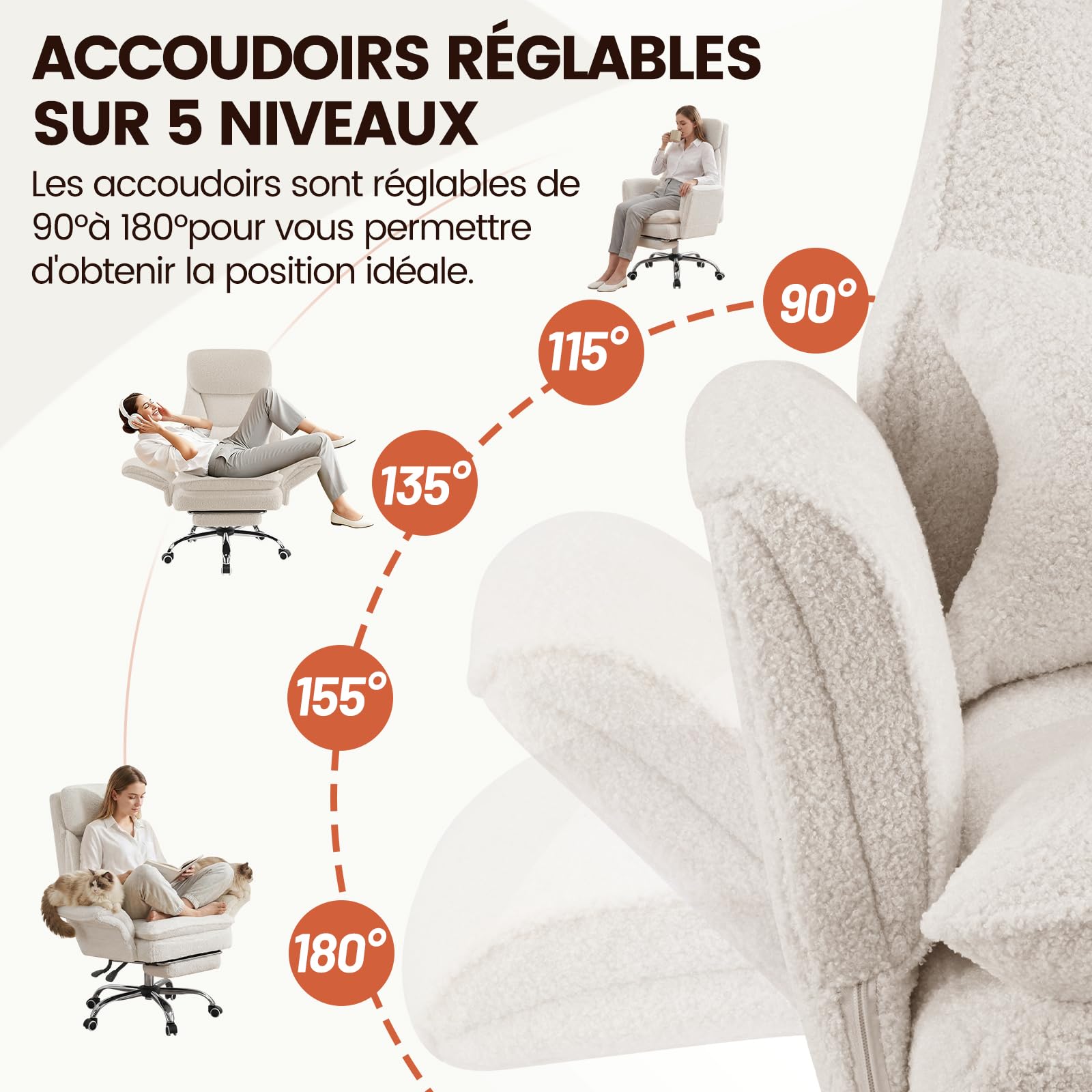 Chaise de Bureau Ergonomique avec Accoudoirs Réglables 5 Niveaux, Repose-Pieds, Soutien Lombaire, Hauteur Réglable, 200kg, Blanc