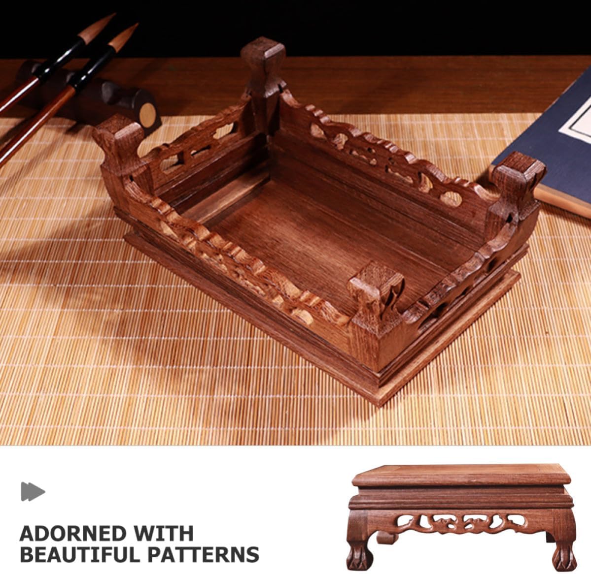 SECFOU Rectangular Wooden Display Stand Base for Vases and Buddha Statues, Stable and Sturdy Wood Pedestal Unique Craftsmanship, Suitable for Room or Different Settings
